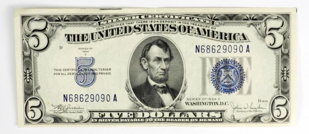 1934-C $5 US SILVER CERTIFICATE, NICE CIRC: 1934-C $5 US SILVER CERTIFICATE, NICE CIRC
