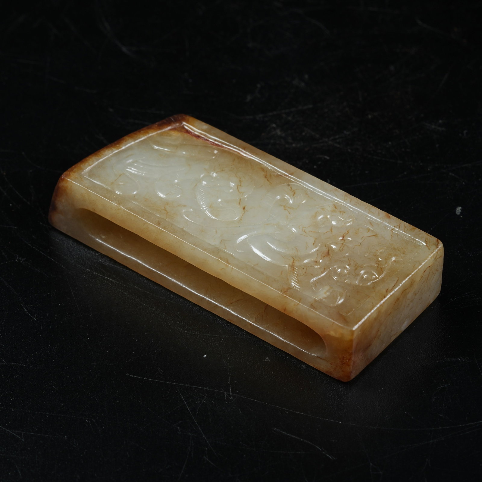 A ANCIENT JADE BELT ORNAMENT WITH CHI DRAGON PATTERN: Ancient Jade Belt Ornament with Chi Dragon Pattern