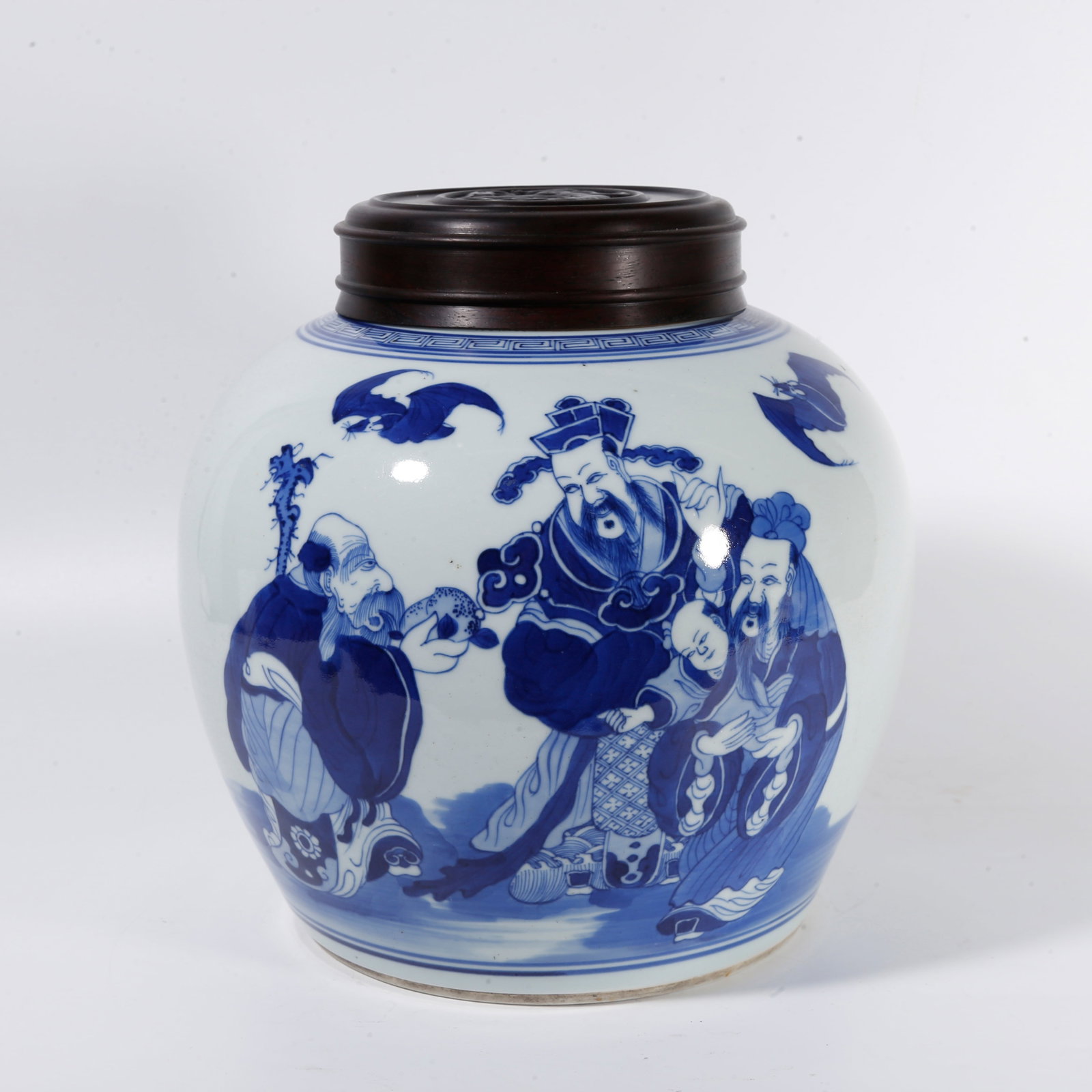 A COVERED JAR WITH BLUE?AND?WHITE THREE?STAR?GOD MOTIF: Covered jar with blue?and?white three?star?god motif