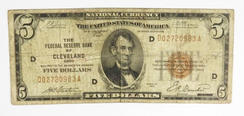 1929 $5 US NATIONAL CURRENCY, CIRCULATED: 1929 $5 US NATIONAL CURRENCY, CIRCULATED
