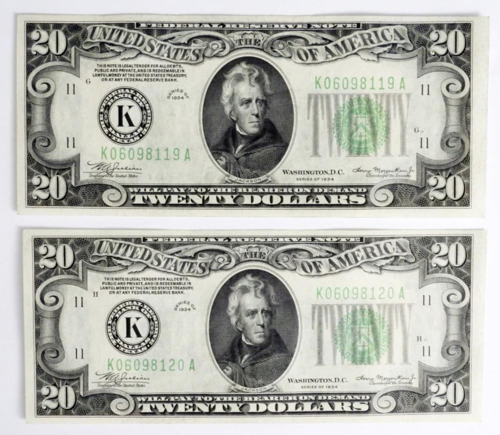 (2) 1934 US $20 FRN CONSECUTIVE NUMBERS AU: (2) 1934 US $20 FRN CONSECUTIVE NUMBERS AU