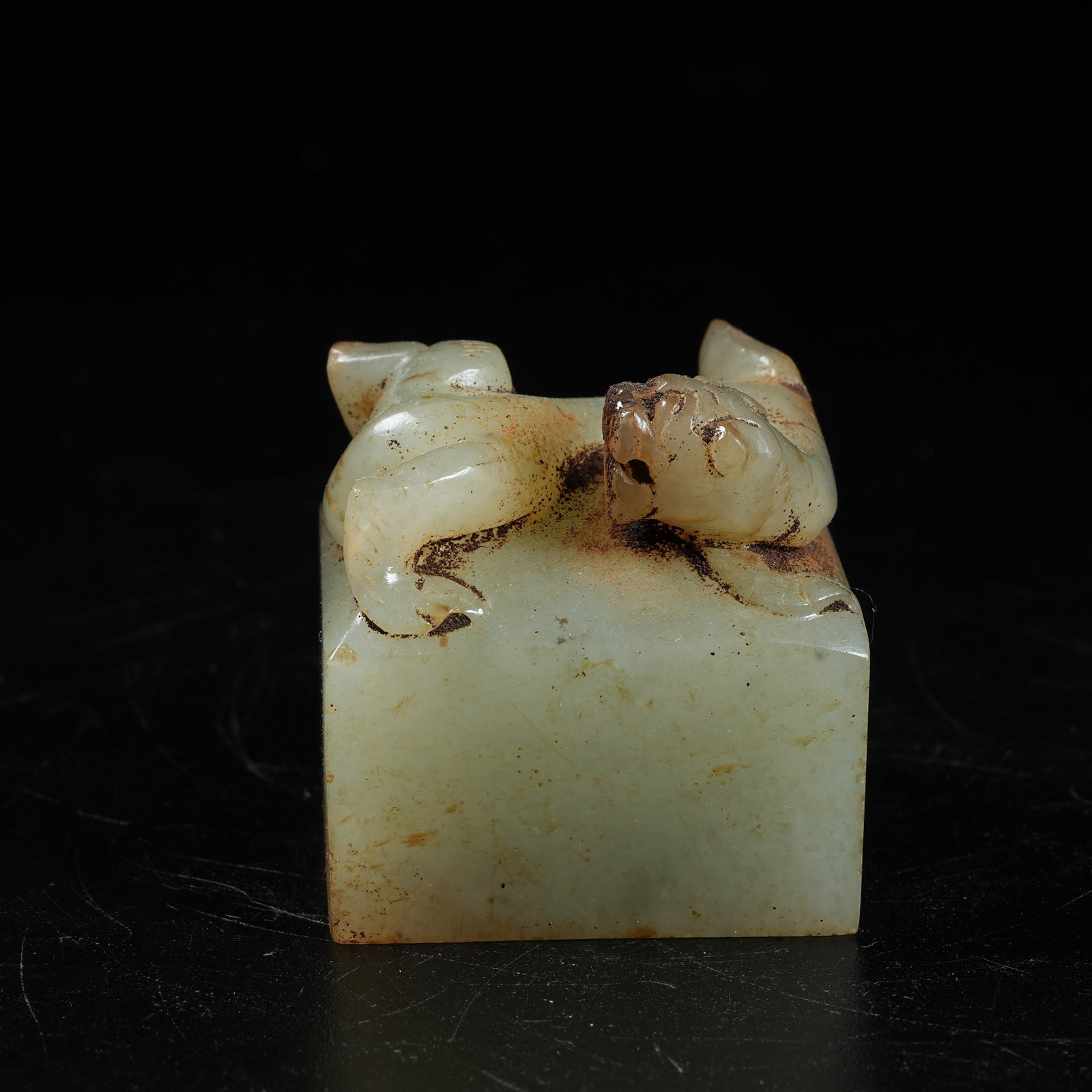 A ANCIENT JADE SEAL WITH CHI DRAGON KNOB: Ancient Jade Seal with Chi Dragon Knob