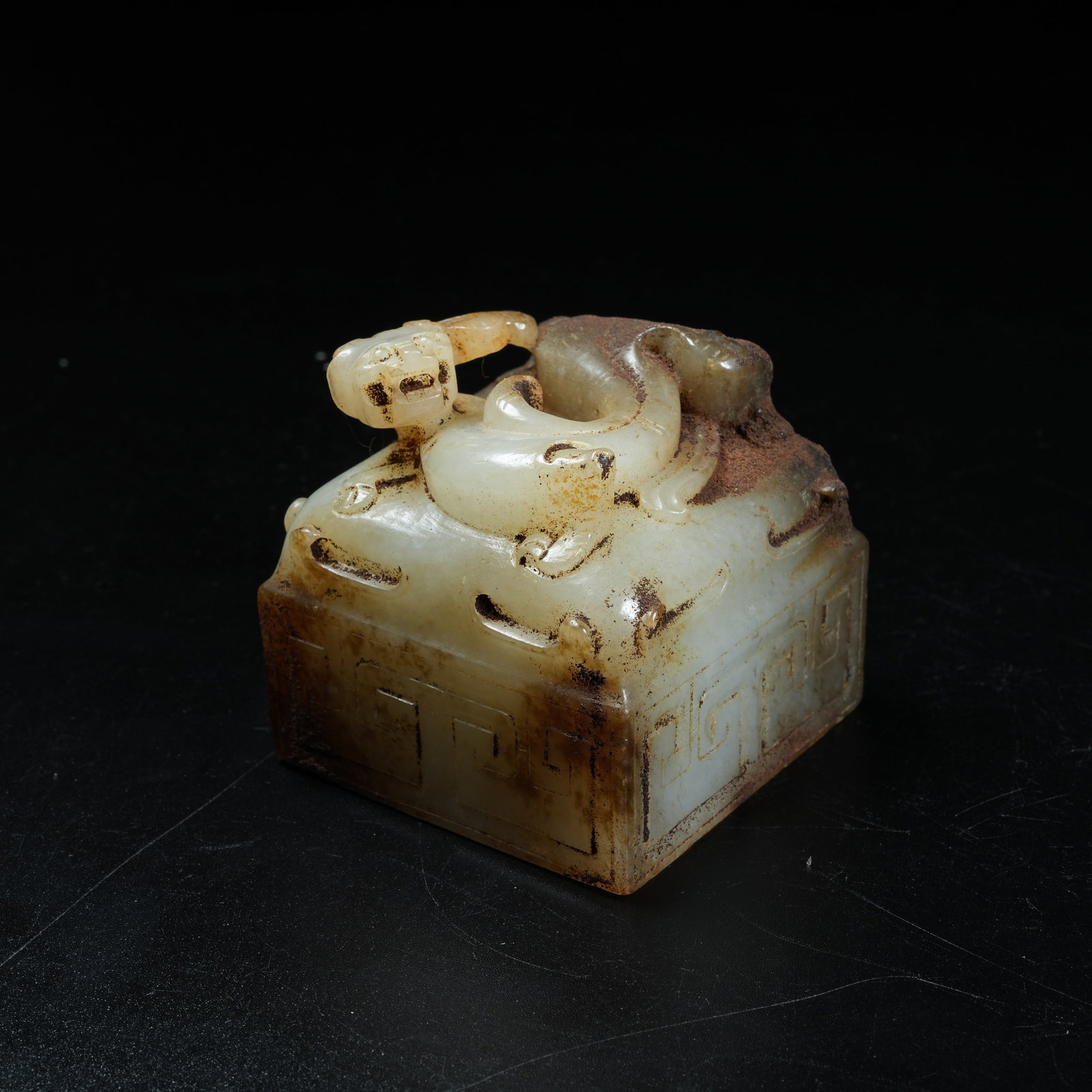 A ANCIENT JADE SEAL WITH CHI DRAGON KNOB: Ancient Jade Seal with Chi Dragon Knob