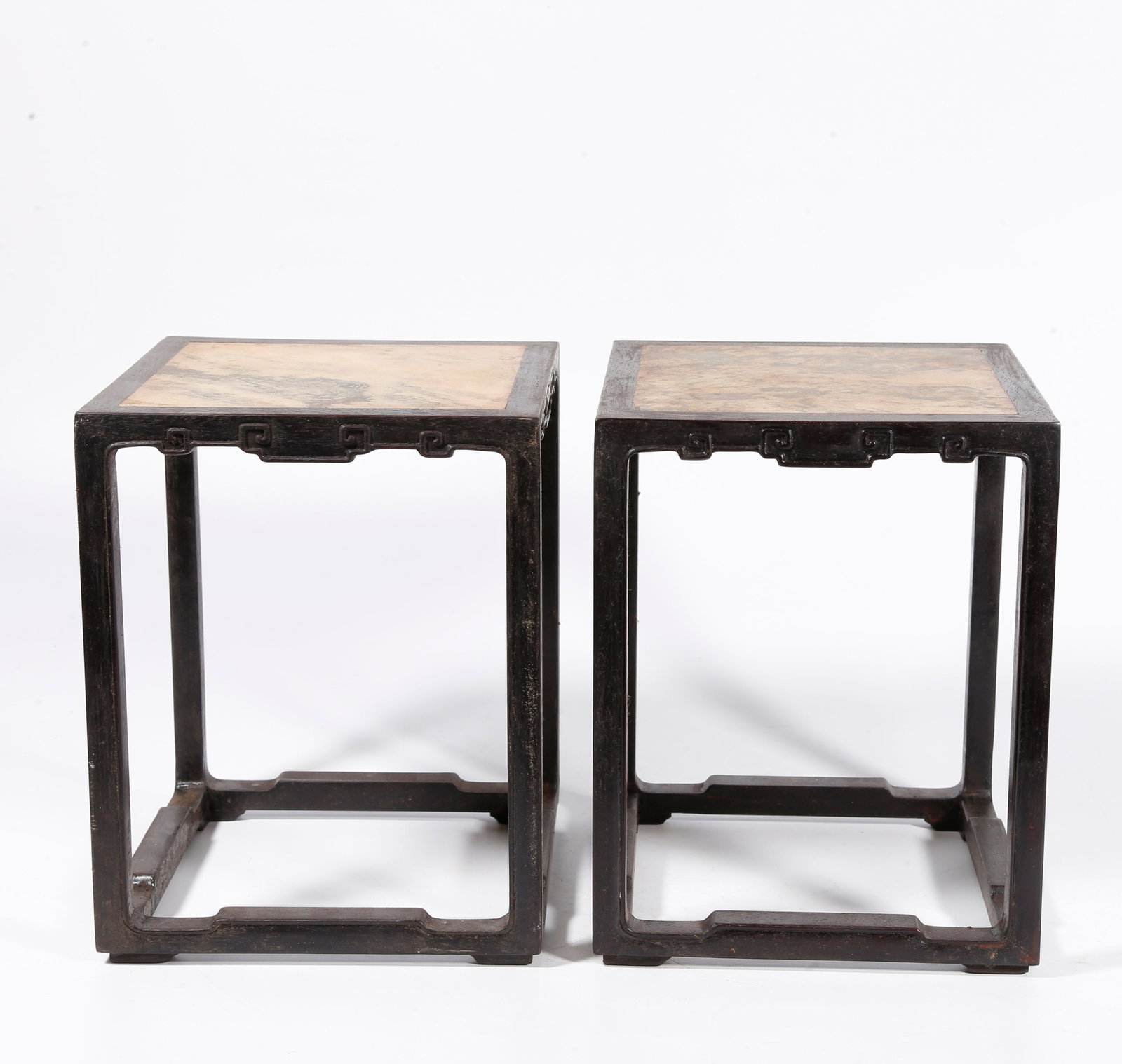 A MARBLE?INLAID SIDE TABLE OF ZITAN WOOD (PAIR): Marble?inlaid side table of zitan wood (pair)