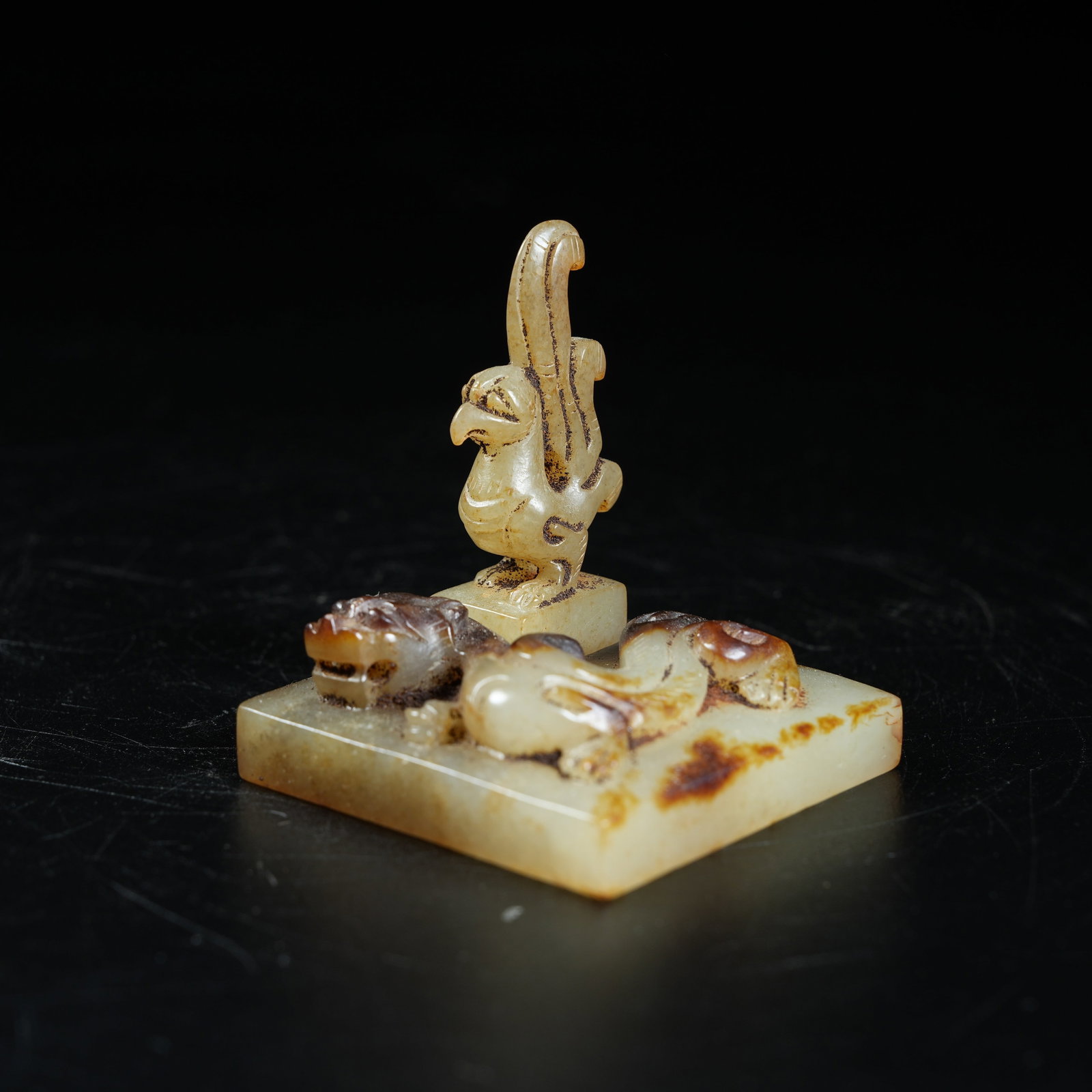 A ANCIENT JADE NESTING SEAL WITH CHI DRAGON AND PHOENIX KNOB (1 of 8)