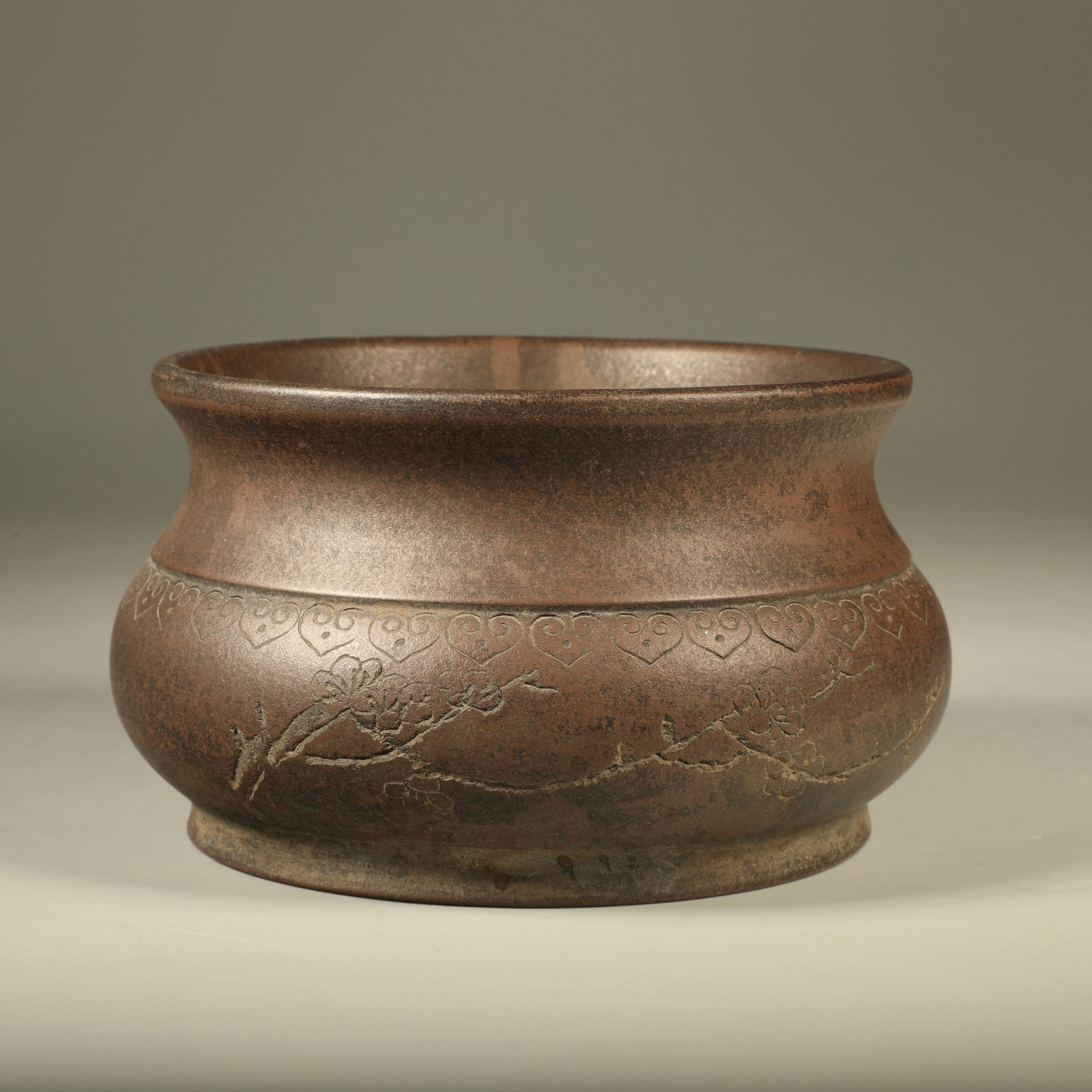 A YIXING ZISHA CENSER WITH PLUM?BLOSSOM AND INSCRIBED?VERSE MOTIFS: Yixing Zisha Censer with Plum?blossom and Inscribed?verse Motifs