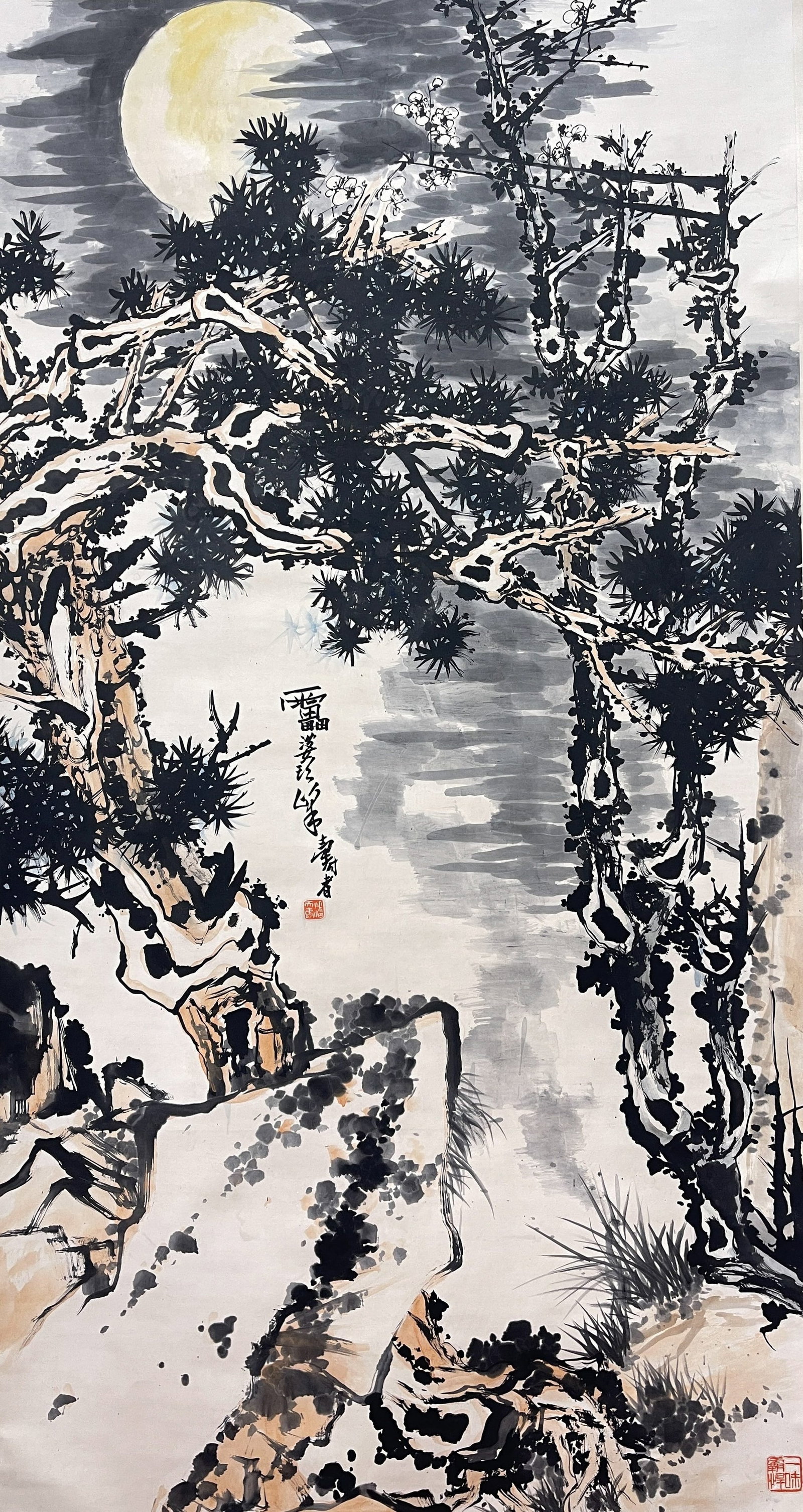 A MOONLIT?NIGHT PINE?AND?PLUM PAINTING HANGING SCROLL ON PAPER BY PAN TIANSHOU.潘天 (1 of 7)