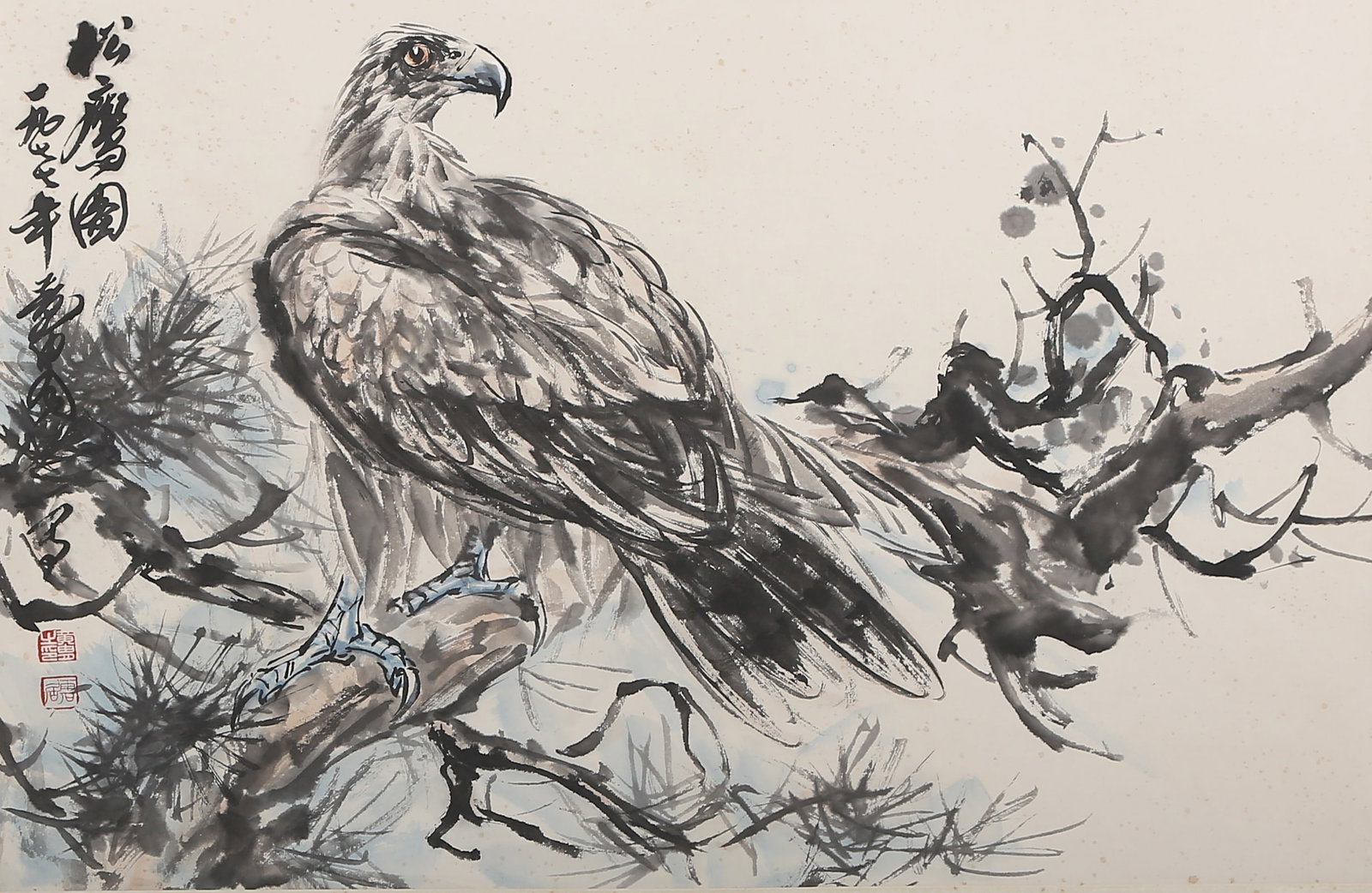 A UNMOUNTED PINE AND EAGLE PAINTING ON PAPER BY HUANG ZHOU.黃胄 (1 of 8)