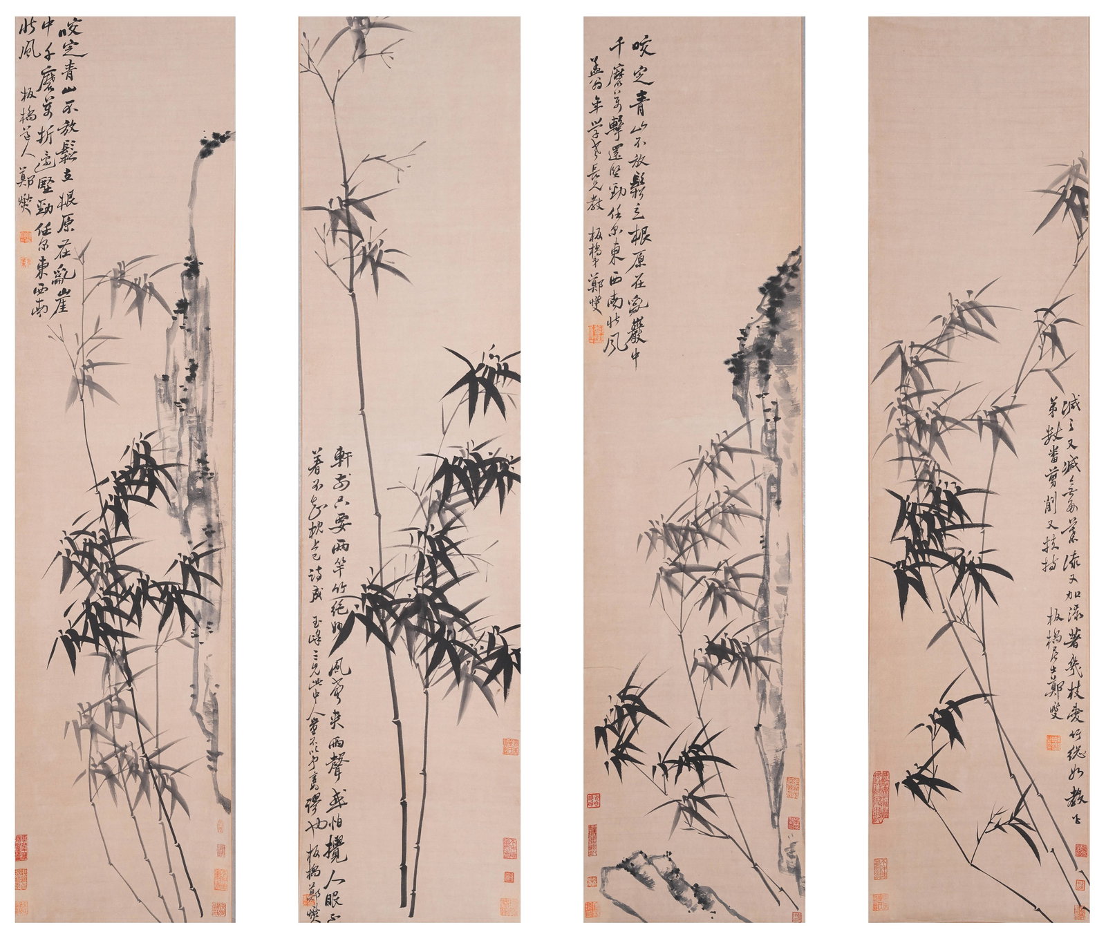 A BAMBOO AND ROCK PAINTINGS ON PAPER BY ZHENG BANQIAO (FOUR PIECES).鄭板橋: Bamboo and Rock Paintings on Paper by Zheng Banqiao (four pieces).鄭板橋