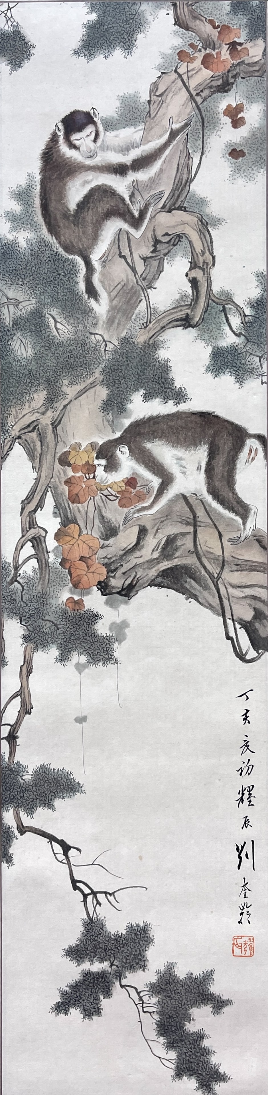 A PINE?AND?APE PAINTING HANGING SCROLL ON PAPER BY LIU KUILING.劉奎齡: Pine?and?ape painting hanging scroll on paper by Liu Kuiling.劉奎齡
