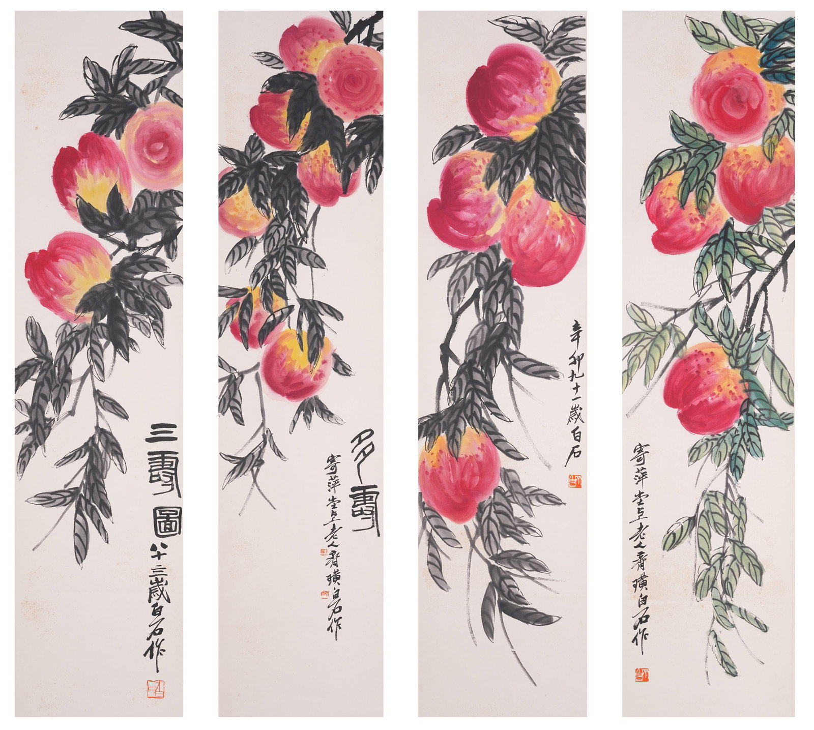 A PEACH OF LONGEVITY PAINTINGS ON PAPER BY QI BAISHI (FOUR PIECES).齊白石: Peach of Longevity Paintings on Paper by Qi Baishi (four pieces).齊白石
