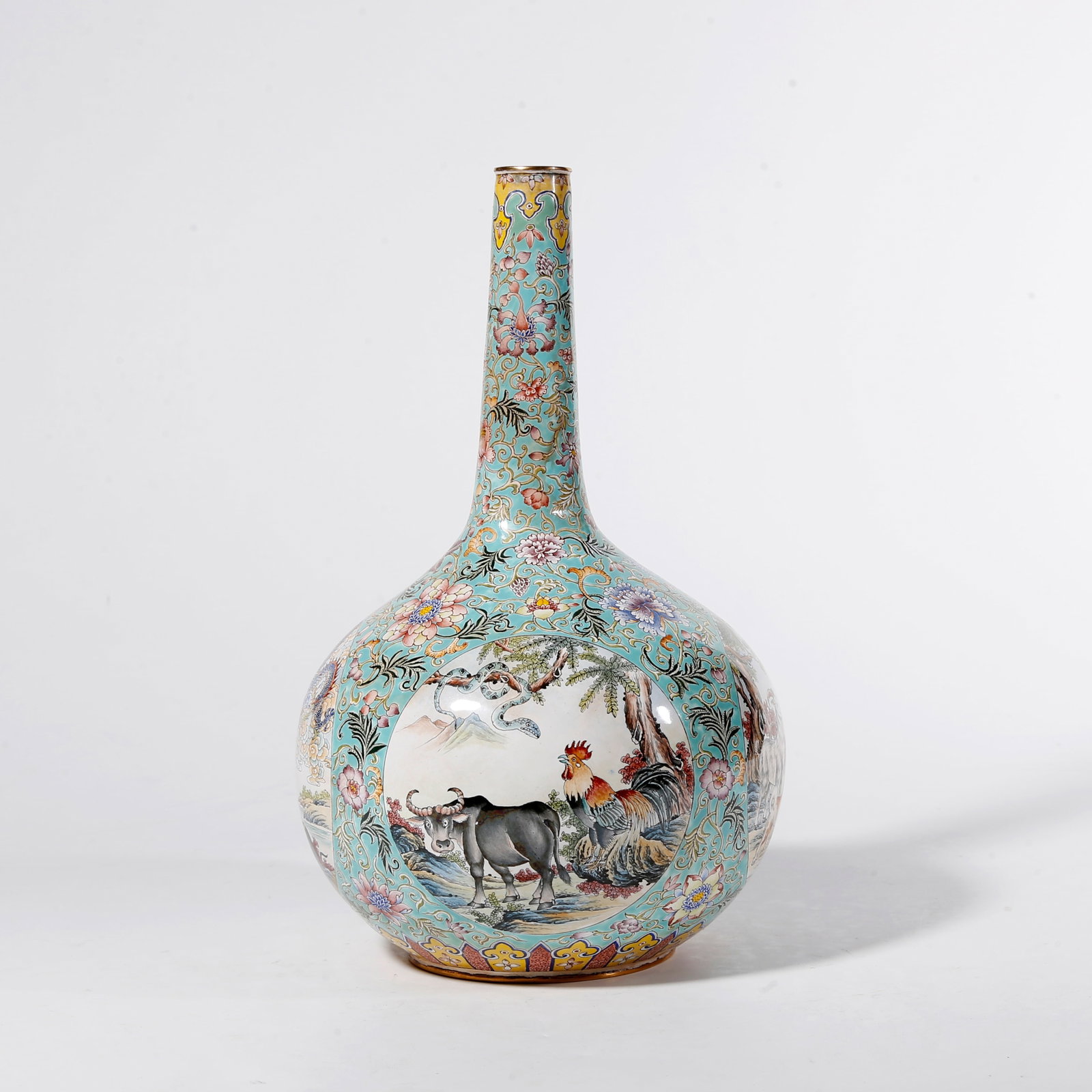 A PAINTED ENAMEL ON BRONZE BODY LONG?NECK VASE WITH TWELVE?SAGE MOTIFS: Painted Enamel on Bronze Body Long?Neck Vase with Twelve?Sage Motifs