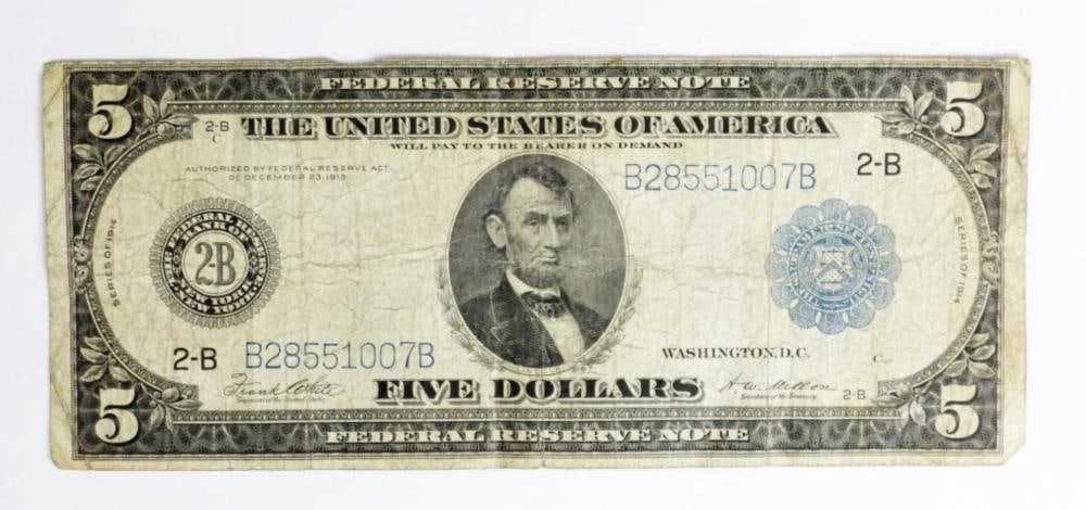 1914 $5 FEDERAL RESERVE NOTE,WELL PRESERVED: 1914 $5 FEDERAL RESERVE NOTE,WELL PRESERVED