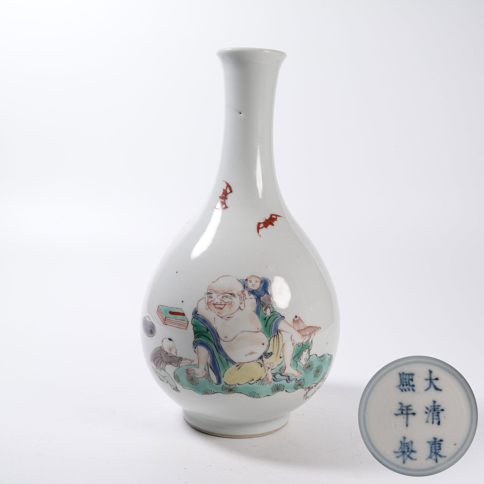 A FAMILLE ROSE LONG-NECK VASE WITH BOYS PLAYING WITH BUDDHA MOTIF: Famille Rose Long-Neck Vase with Boys Playing with Buddha Motif