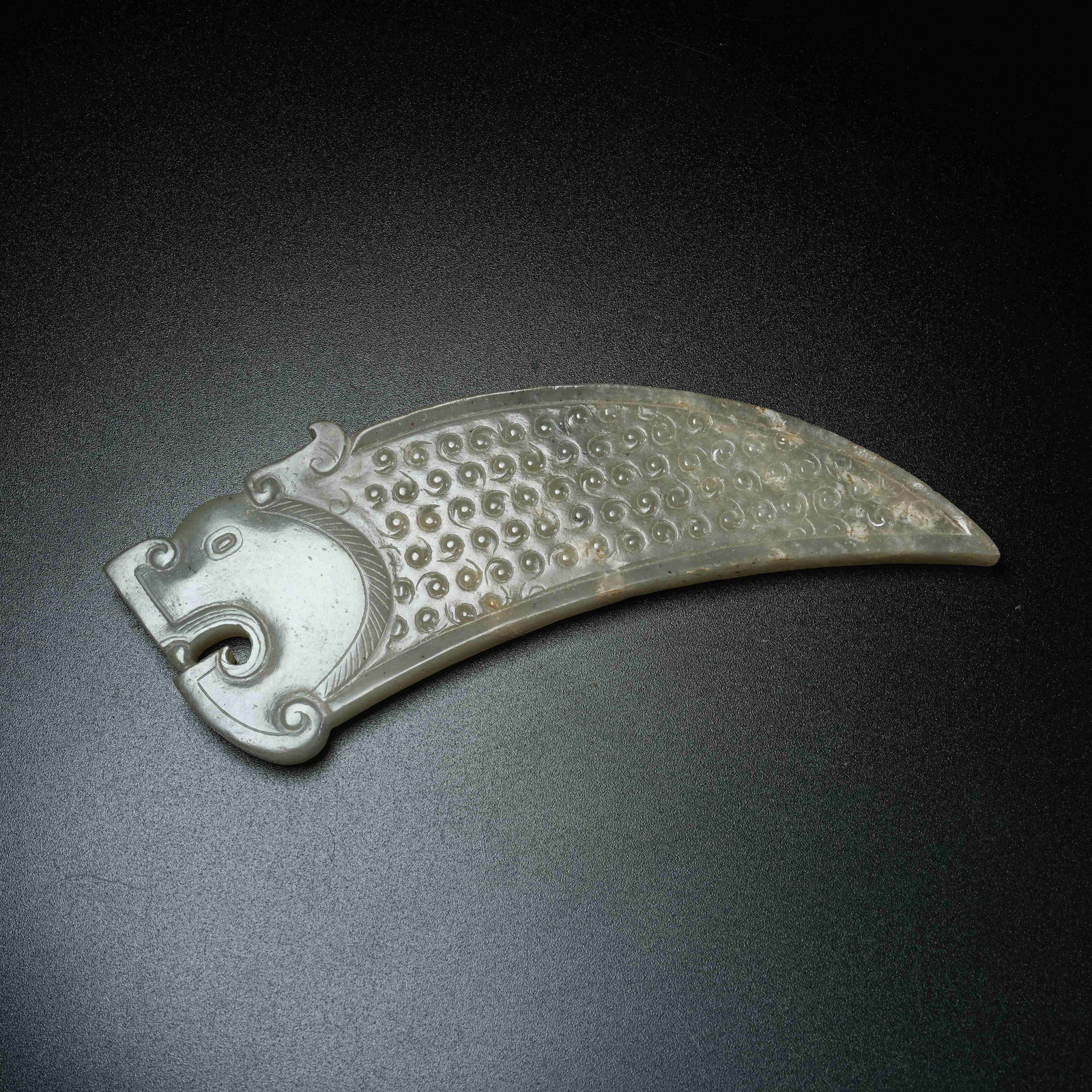 A ANCIENT JADE BEAST HEAD HAIR PIN: Ancient Jade Beast Head Hair Pin