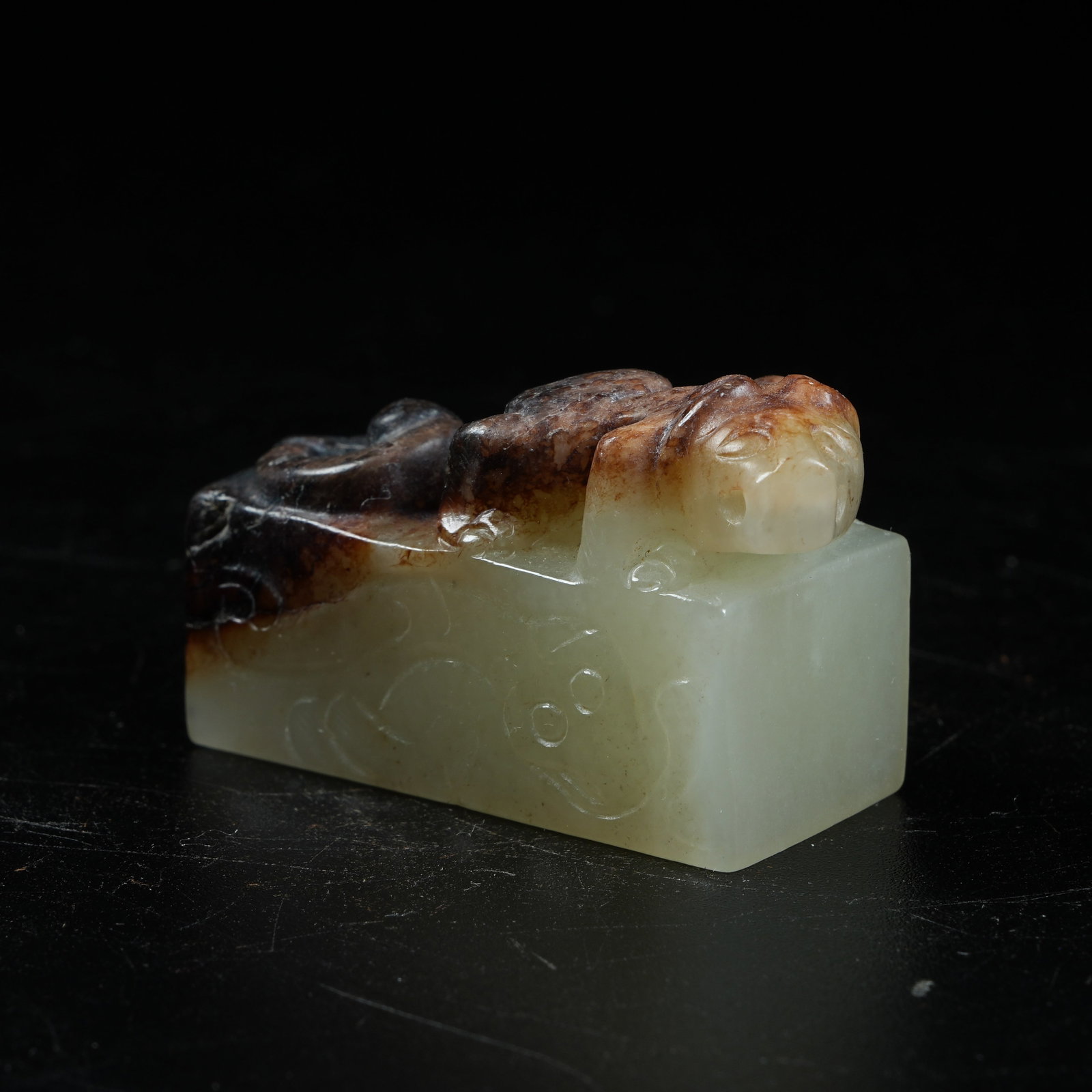 A ANCIENT JADE SEAL WITH CHI DRAGON KNOB: Ancient Jade Seal with Chi Dragon Knob