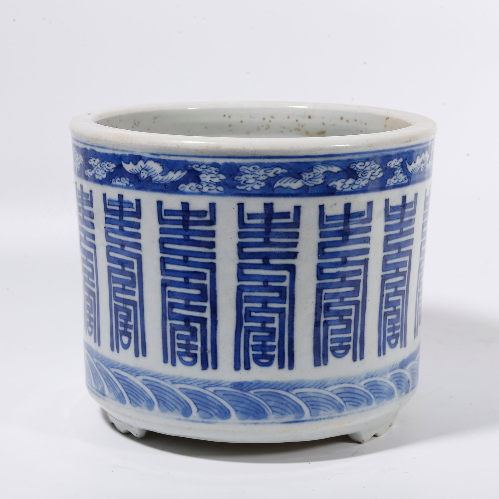 A INCENSE BURNER WITH BLUE?AND?WHITE CHARACTER "SHOU" MOTIF: Incense burner with blue?and?white character "Shou" motif