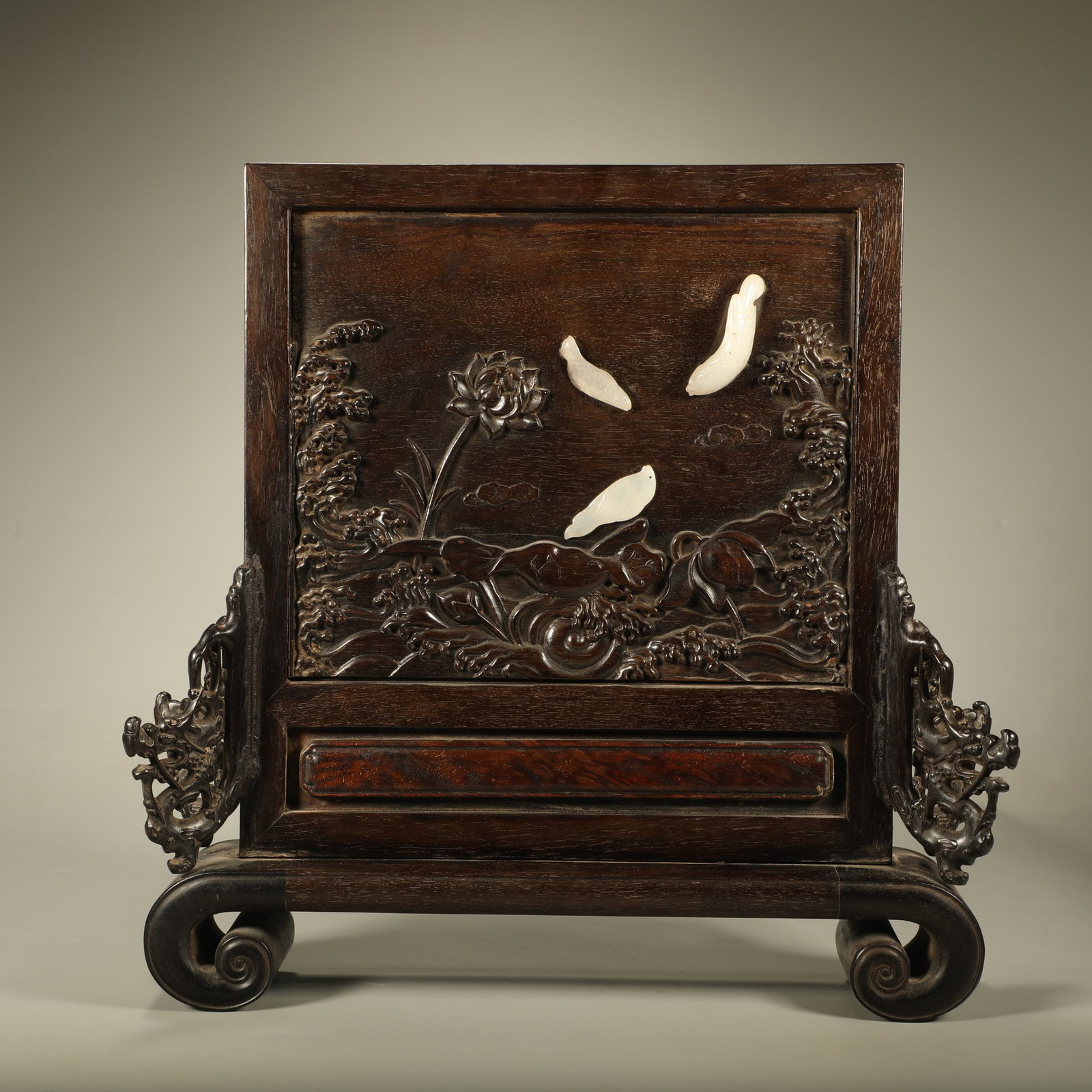 A SANDALWOOD INK?STONE SCREEN INLAID WITH JADE CARVED WITH YEAR?AFTER?YEAR?SURPLUS MOTIFS: Sandalwood Ink?stone Screen Inlaid with Jade Carved with Year?after?year?surplus Motifs