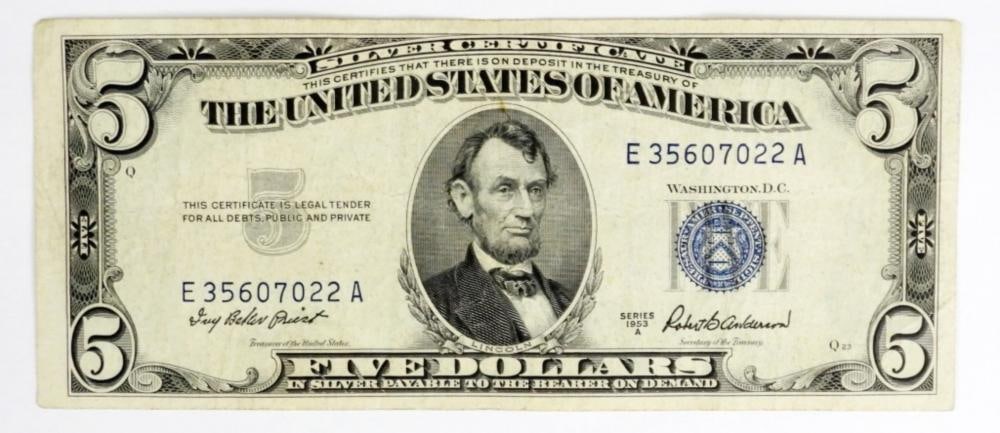 1953-A $5 US SILVER CERTIFICATE,NICE CIRC: 1953-A $5 US SILVER CERTIFICATE,NICE CIRC