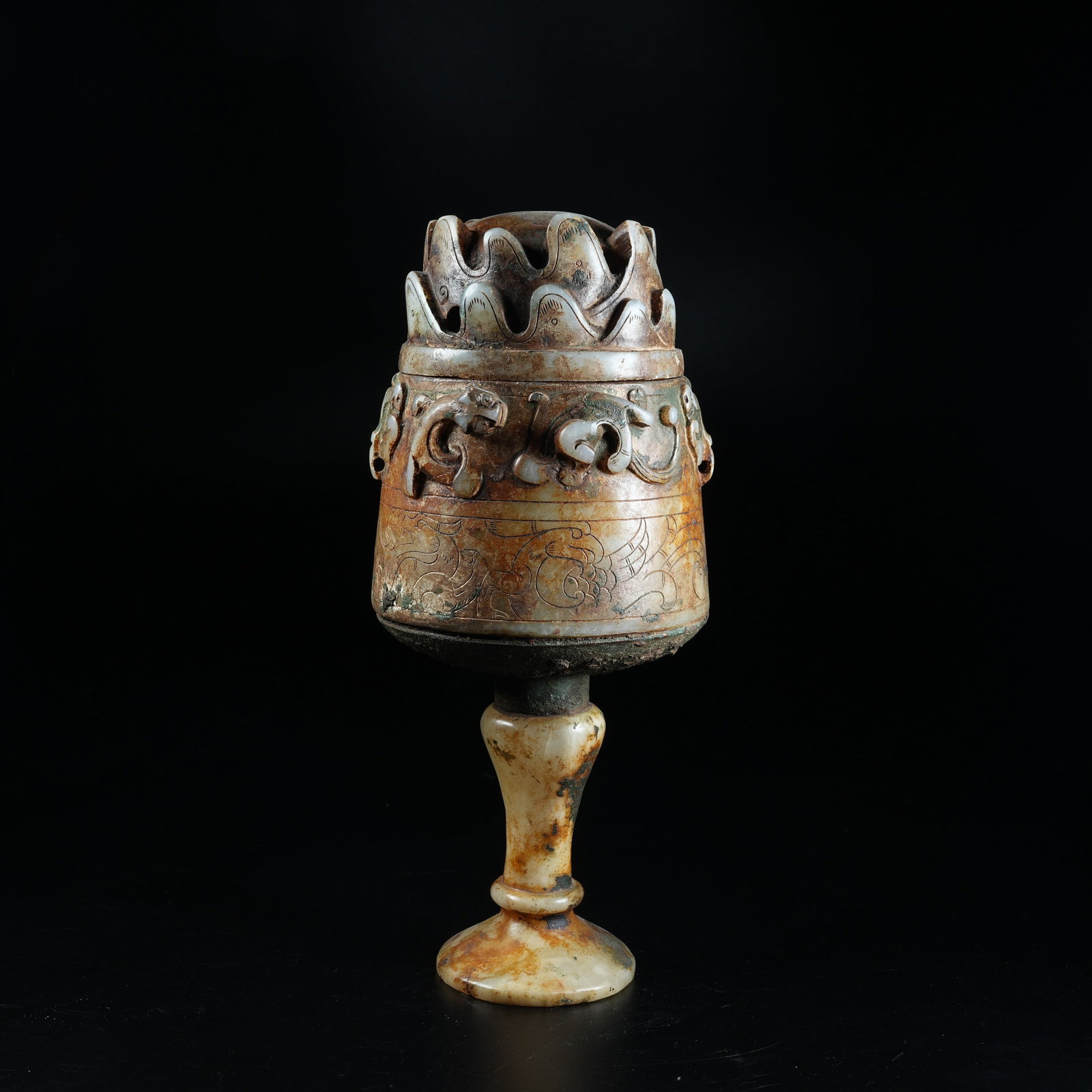 A ANCIENT JADE BOSHAN INCENSE BURNER CARVED WITH BEAST MASK AND DRAGON PATTERNS: Ancient Jade Boshan Incense Burner Carved with Beast Mask and Dragon Patterns
