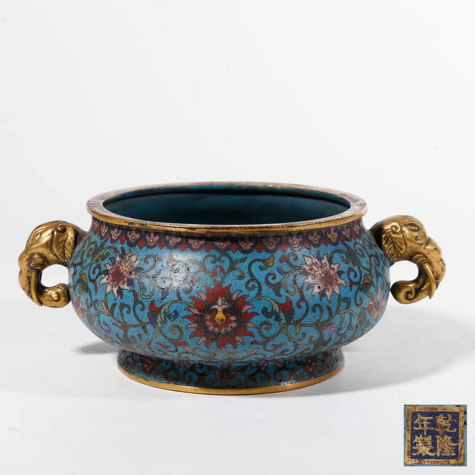 A CLOISONNE DOUBLE?ELEPHANT?EAR CENSER WITH FLORAL MOTIFS ON BRONZE BODY: Cloisonne Double?Elephant?Ear Censer with Floral Motifs on Bronze Body
