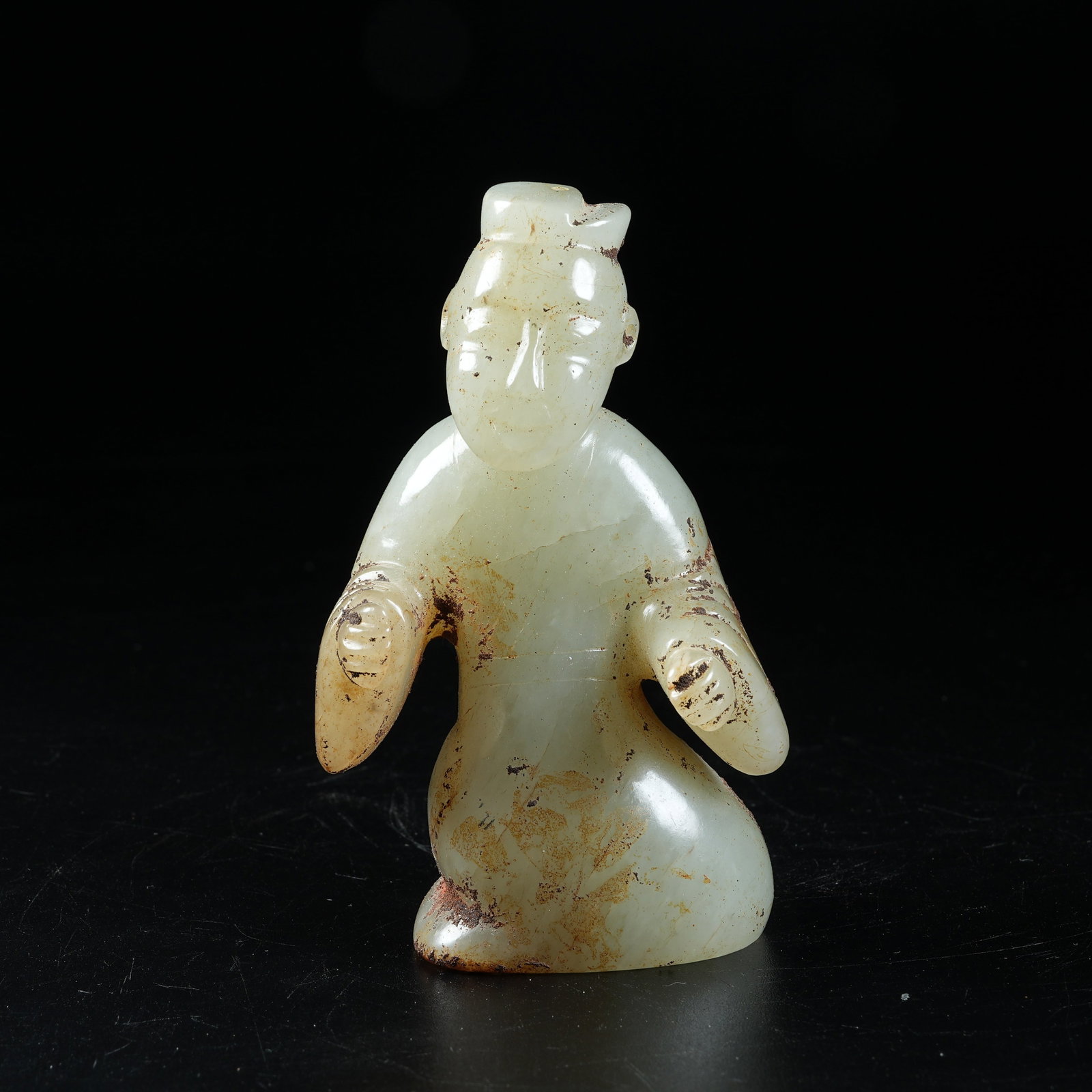 A ANCIENT JADE KNEELING FIGURE ORNAMENT: Ancient Jade Kneeling Figure Ornament