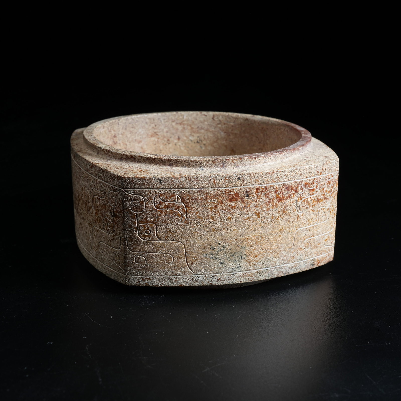 A ANCIENT JADE CONG CARVED WITH DIVINE HUMAN MOTIFS: Ancient Jade Cong Carved with Divine Human Motifs