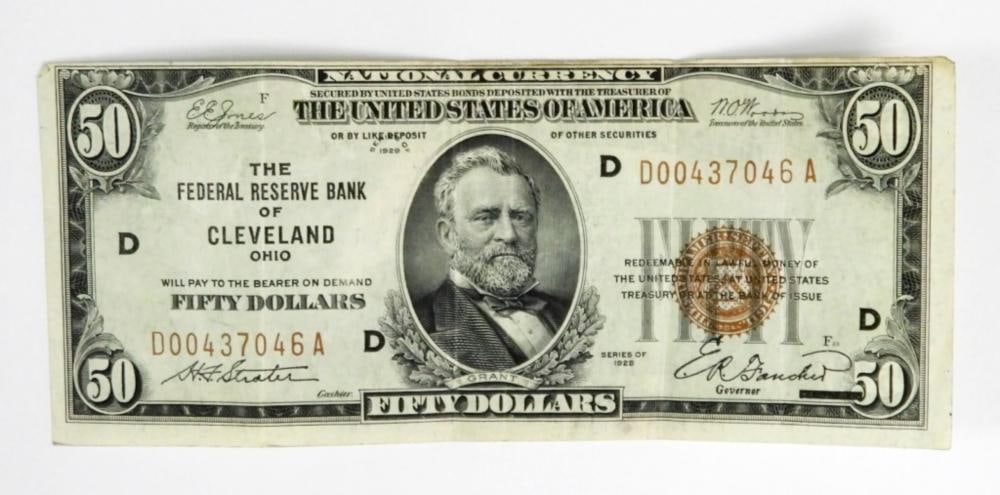 1929 $50 US NATIONAL CURRENCY, NICE CIRC: 1929 $50 US NATIONAL CURRENCY, NICE CIRC