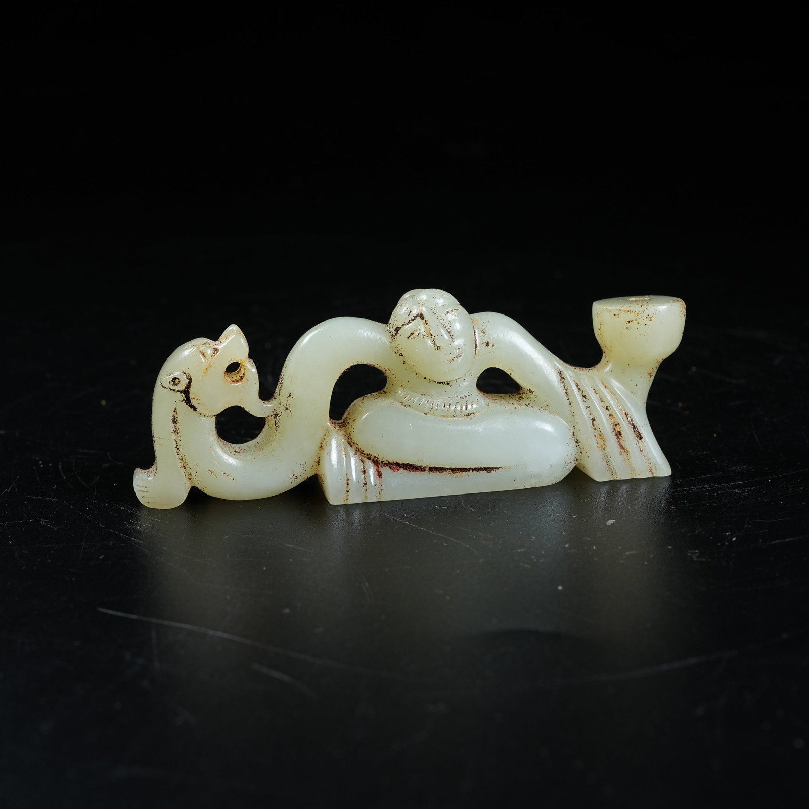 A ANCIENT JADE KNEELING FIGURE ORNAMENT: Ancient Jade Kneeling Figure Ornament