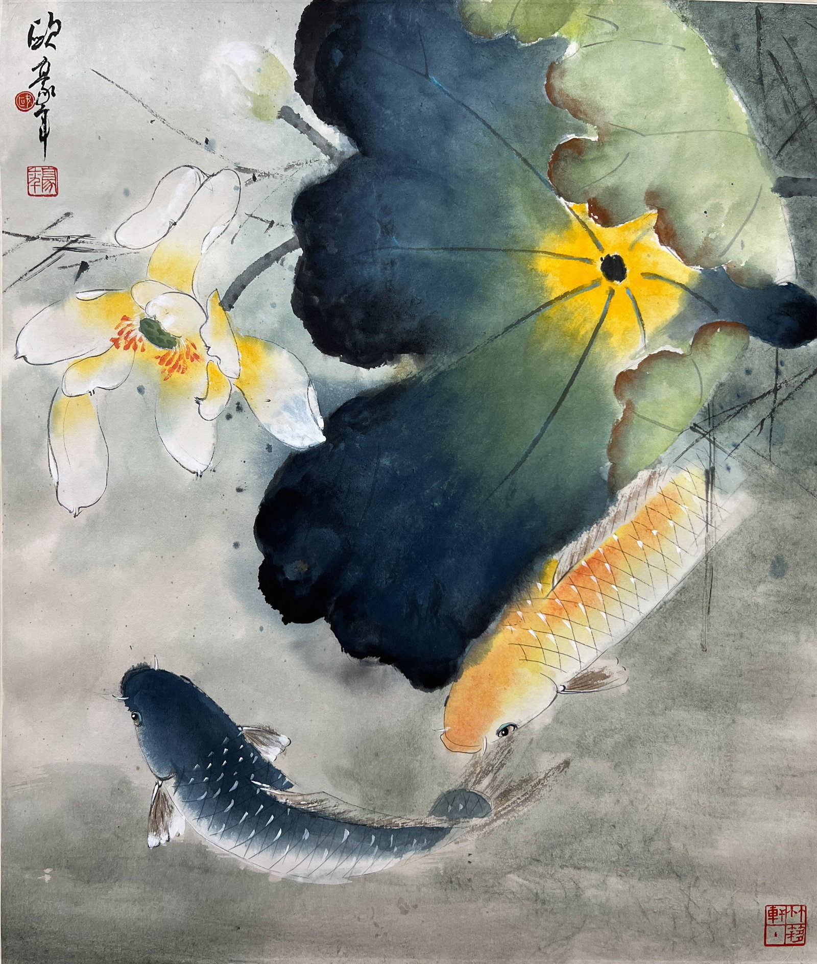 A LOTUS?POND?WITH?TWO?FISH PAINTING HANGING SCROLL ON PAPER BY OU HAONIAN.歐豪年: Lotus?pond?with?two?fish painting hanging scroll on paper by Ou Haonian.歐豪年