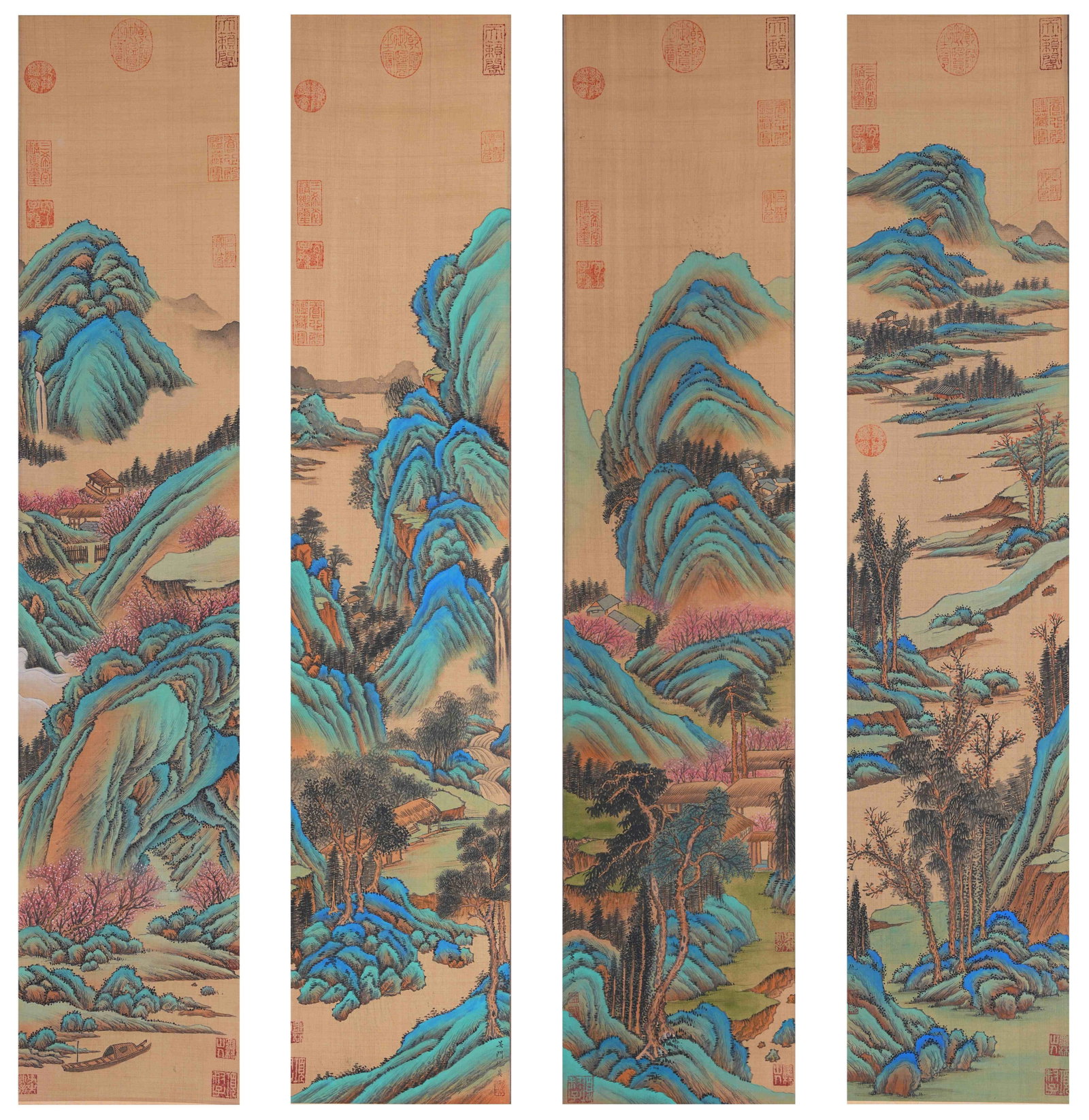 A LANDSCAPE PAINTINGS ON SILK BY QIU YING (FOUR PIECES).仇英 (1 of 20)