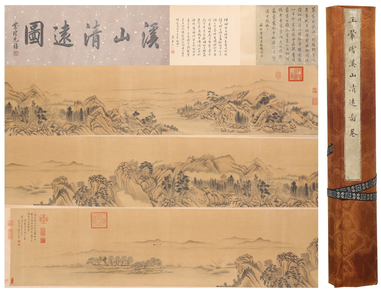 A CLEAR STREAMS AND DISTANT HILLS HANDSCROLL PAINTING ON SILK BY WANG HUI.王翚: Clear Streams and Distant Hills Handscroll Painting on Silk by Wang Hui.王翚