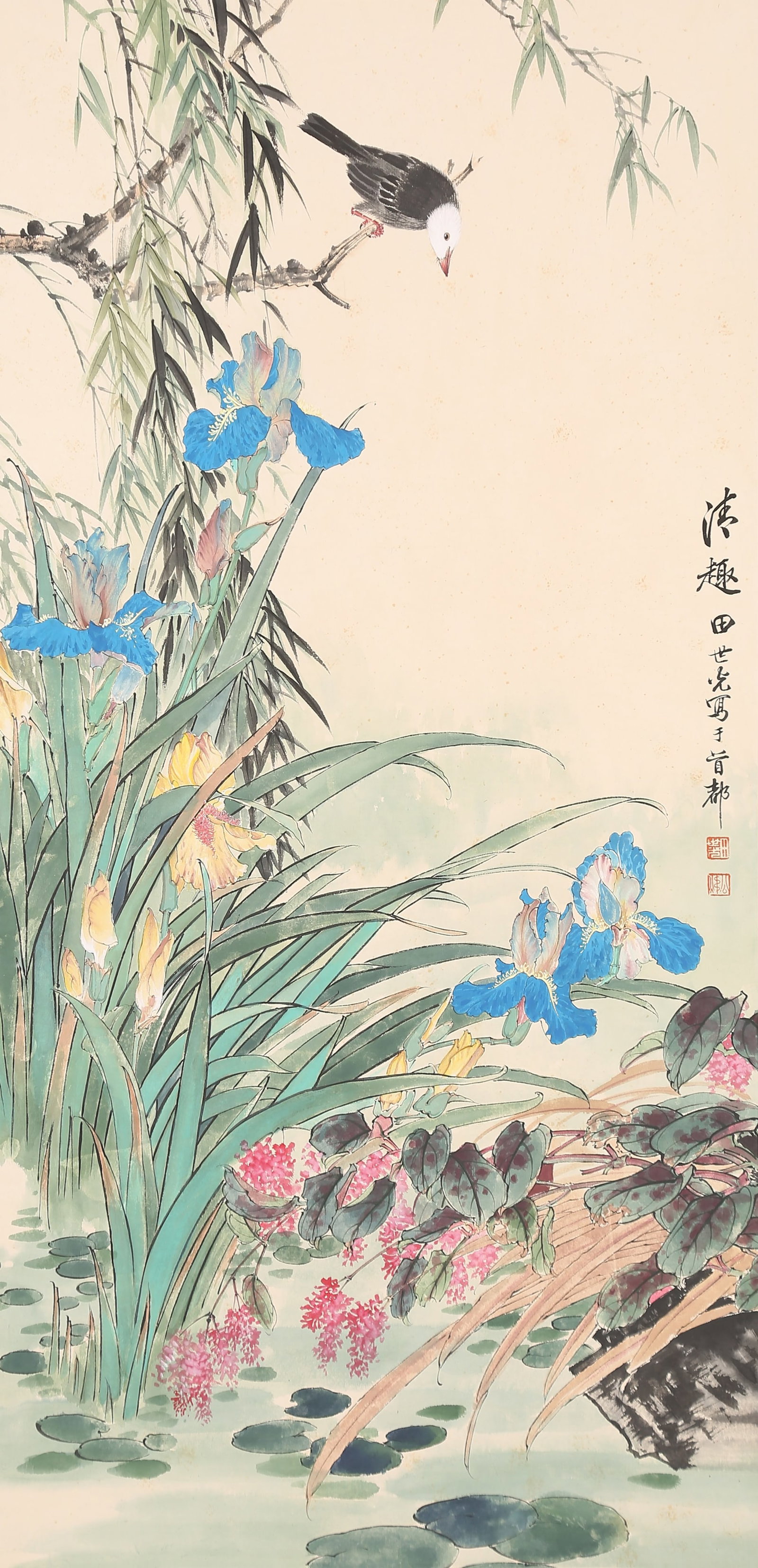 A FLOWERS AND BIRDS PAINTING ON PAPER BY TIAN SHIGUANG.田世光: Flowers and Birds Painting on Paper by Tian Shiguang.田世光