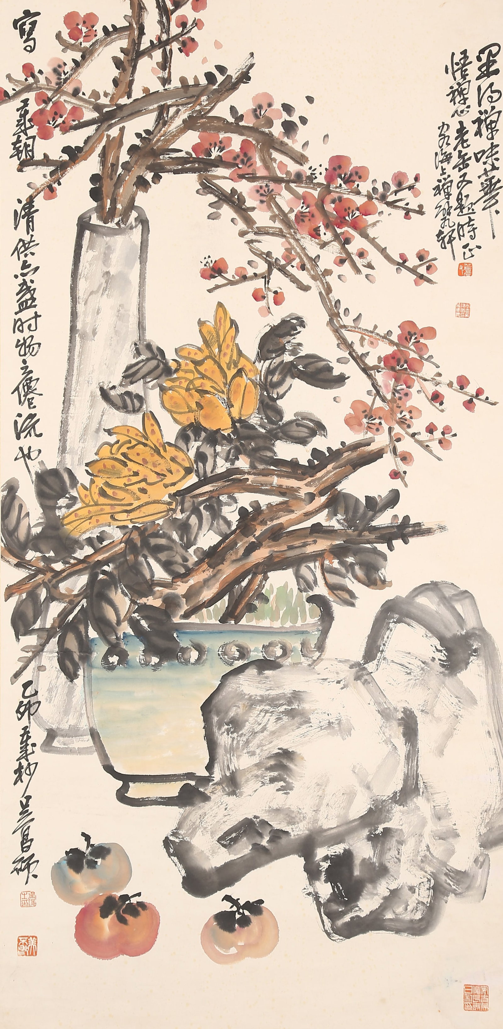 A SCHOLAR'S OFFERINGS PAINTING ON PAPER BY WU CHANGSHUO.吳昌碩: Scholar's Offerings Painting on Paper by Wu Changshuo.吳昌碩