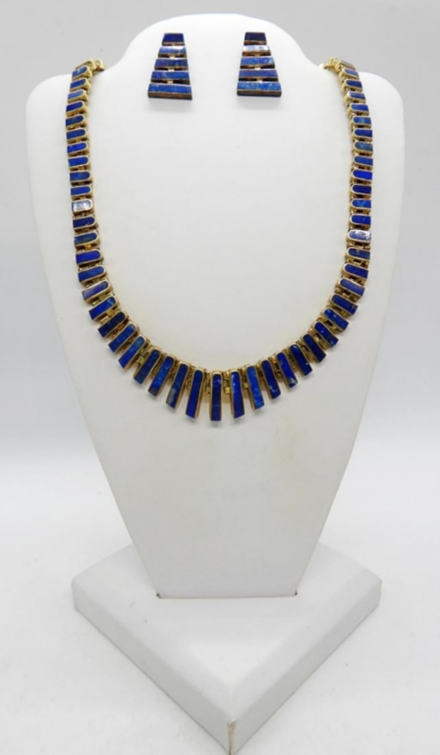 STERLING BLUE INLAY NECKLACE AND EARRINGS: STERLING BLUE INLAY NECKLACE AND EARRINGS