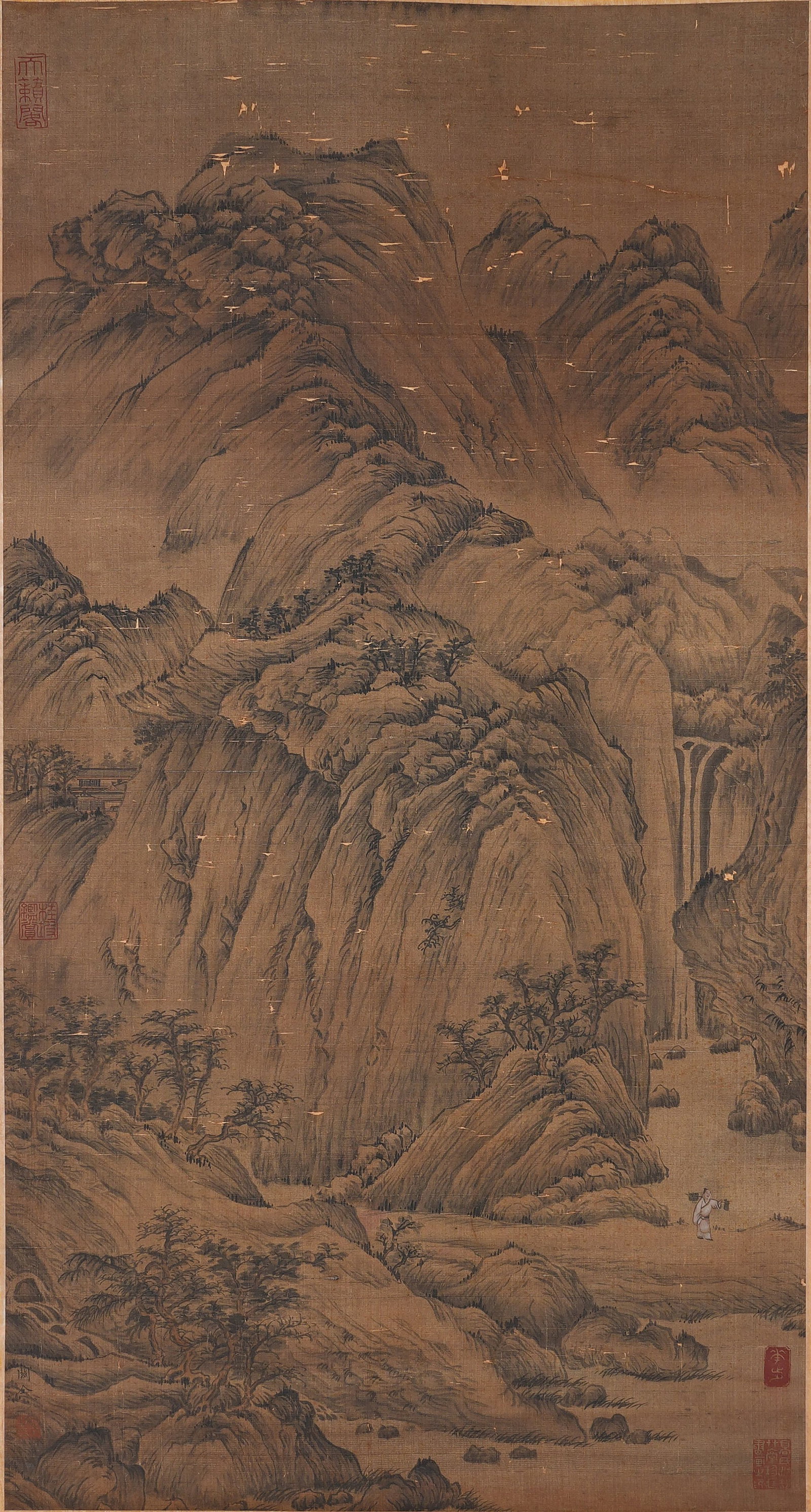 A LANDSCAPE PAINTING ON SILK BY GUAN TONG.關仝: Landscape painting on silk by Guan Tong.關仝