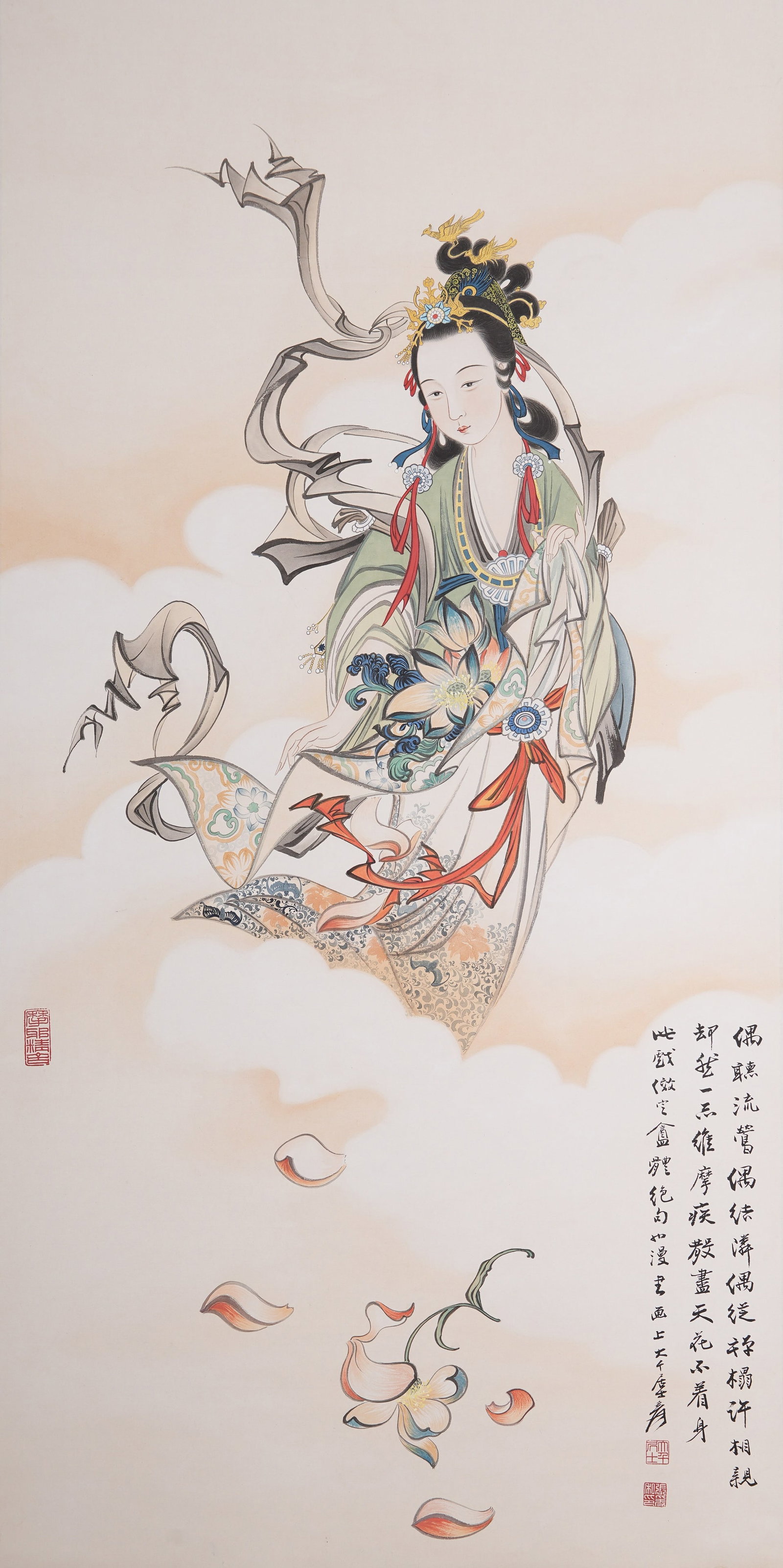 A FAIRY SCATTERING FLOWERS PAINTING ON PAPER BY ZHANG DAQIAN.張大千: Fairy Scattering Flowers Painting on Paper by Zhang Daqian.張大千