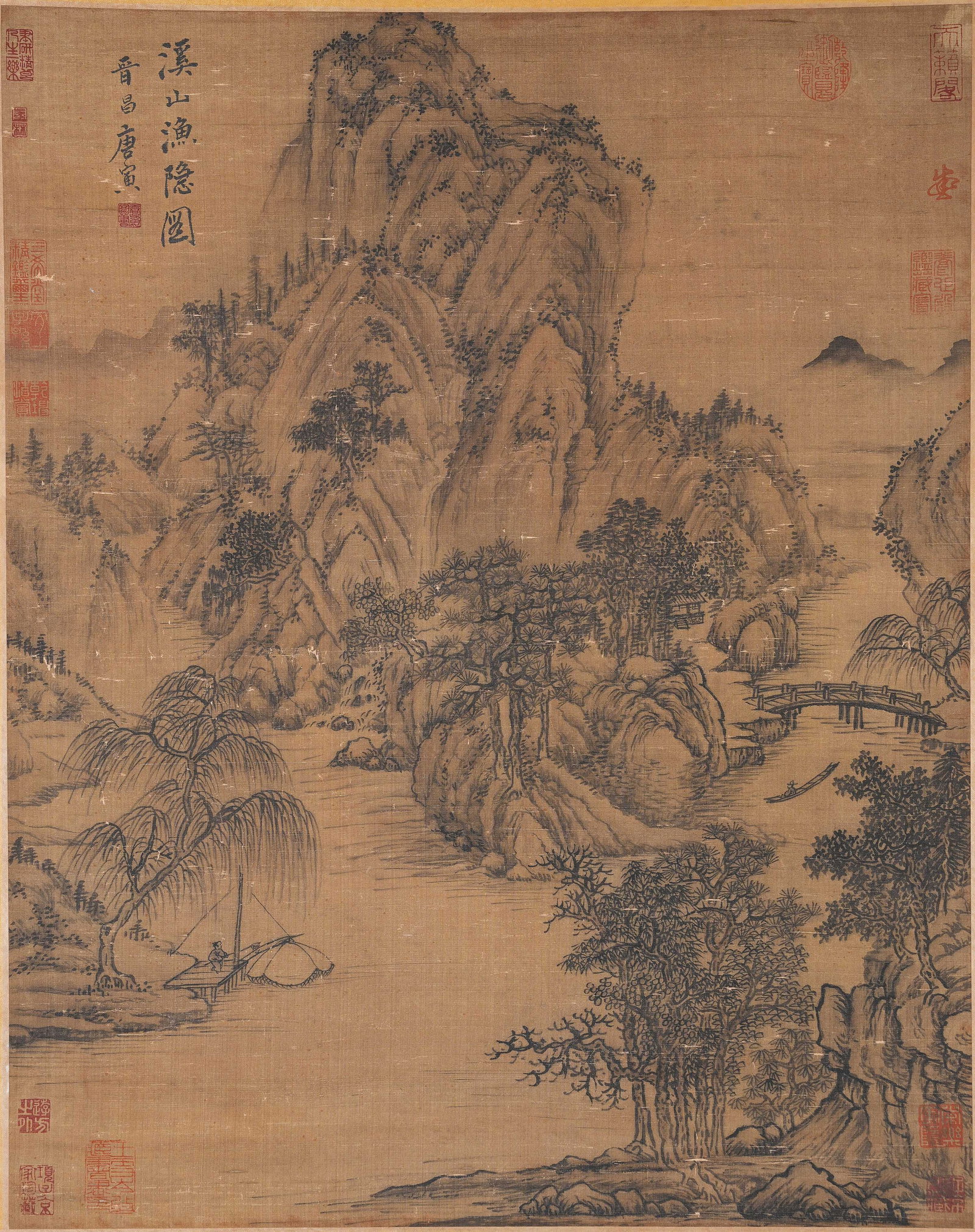 A FISHER?HERMIT BY STREAM MOUNTAINS PAINTING ON SILK BY TANG BOHU.唐伯虎 (1 of 8)