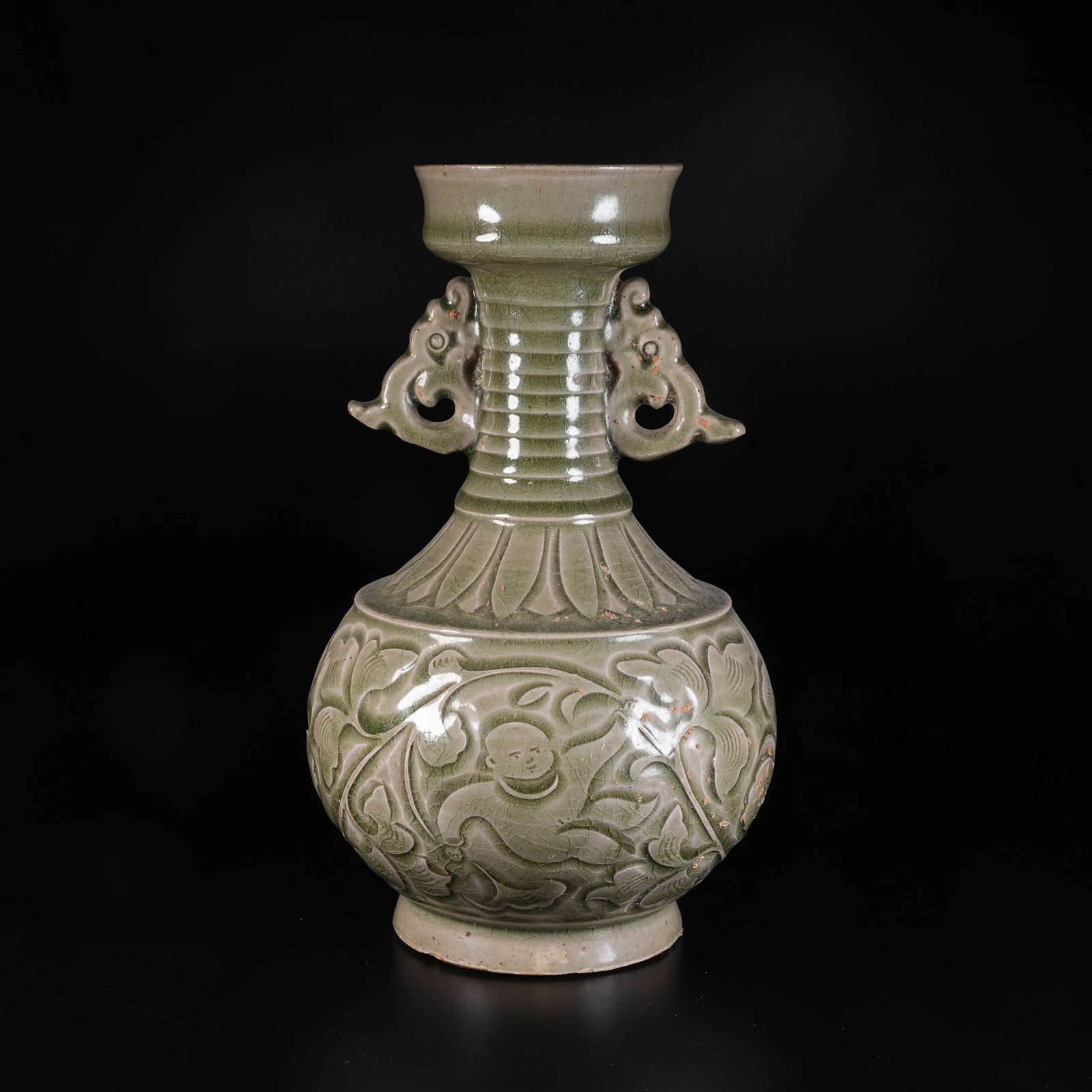 A RU WARE BEAST-EARED VASE WITH CARVED PATTERNS: Ru Ware Beast-Eared Vase with Carved Patterns