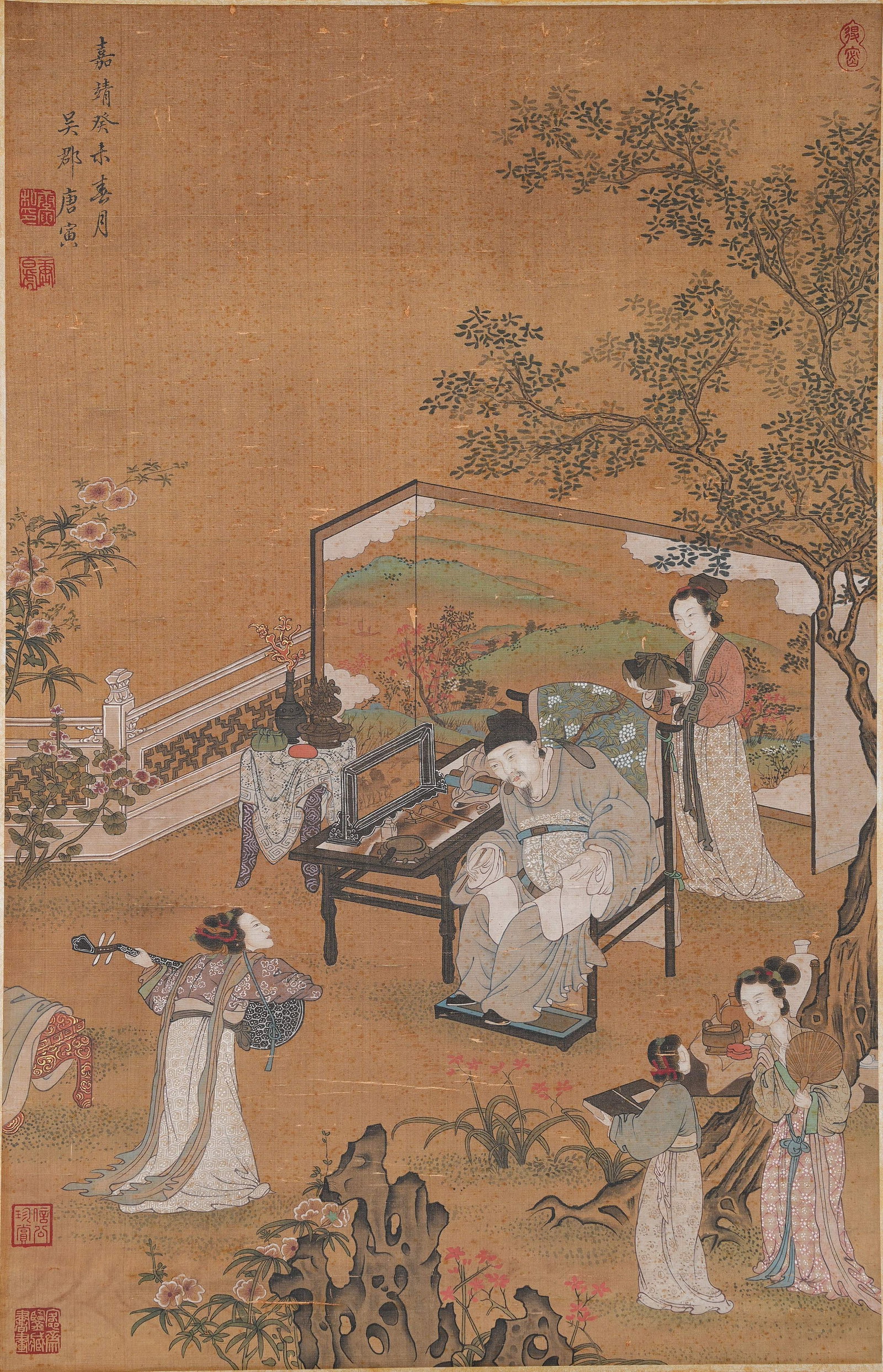 A FIGURE PAINTING ON SILK BY TANG BOHU.唐伯虎: Figure painting on silk by Tang Bohu.唐伯虎