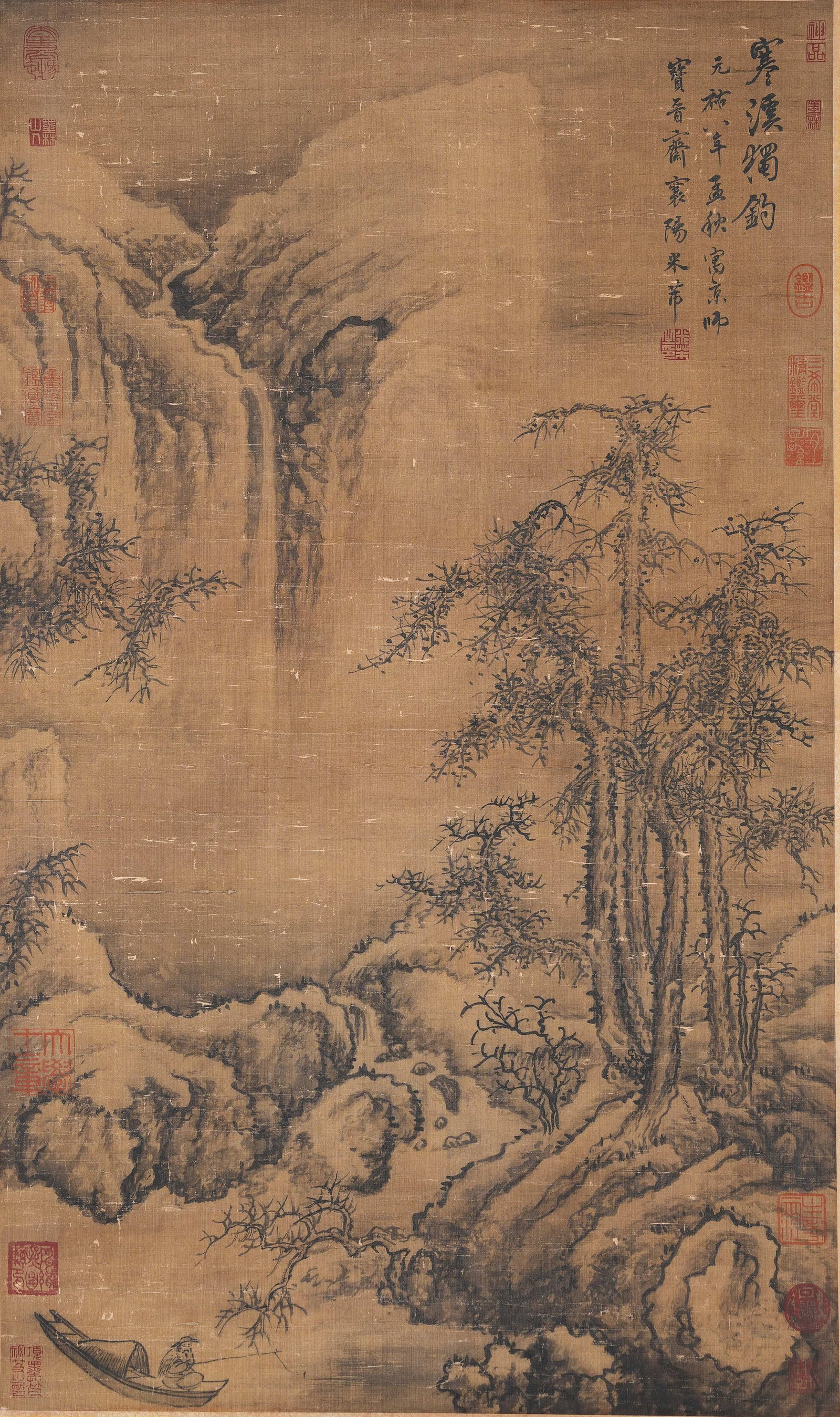 A SOLITARY ANGLER ON COLD STREAM PAINTING ON SILK BY MI FU.米芾 (1 of 8)