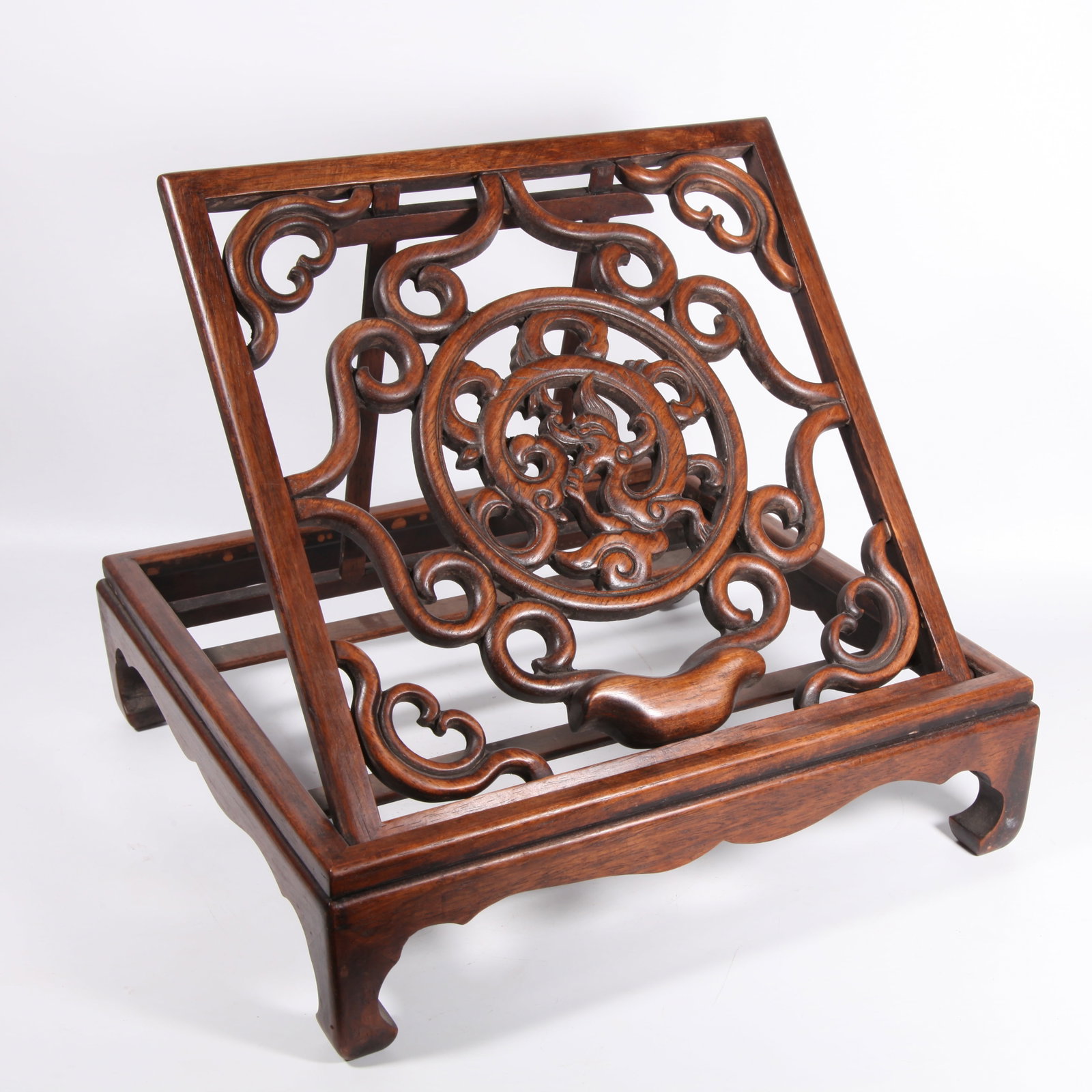 A HUANGHUALI WOOD BOOK?REST CARVED WITH DRAGON PATTERN (1 of 8)
