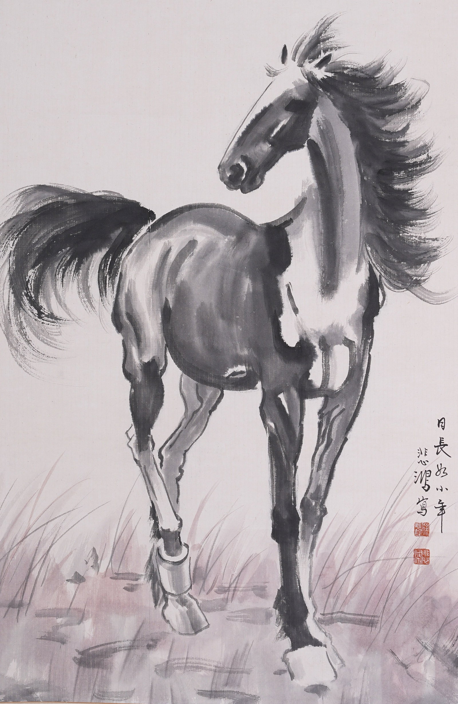 A STEEDS PAINTING ON PAPER BY XU BEIHONG.徐悲鴻: Steeds Painting on Paper by Xu Beihong.徐悲鴻