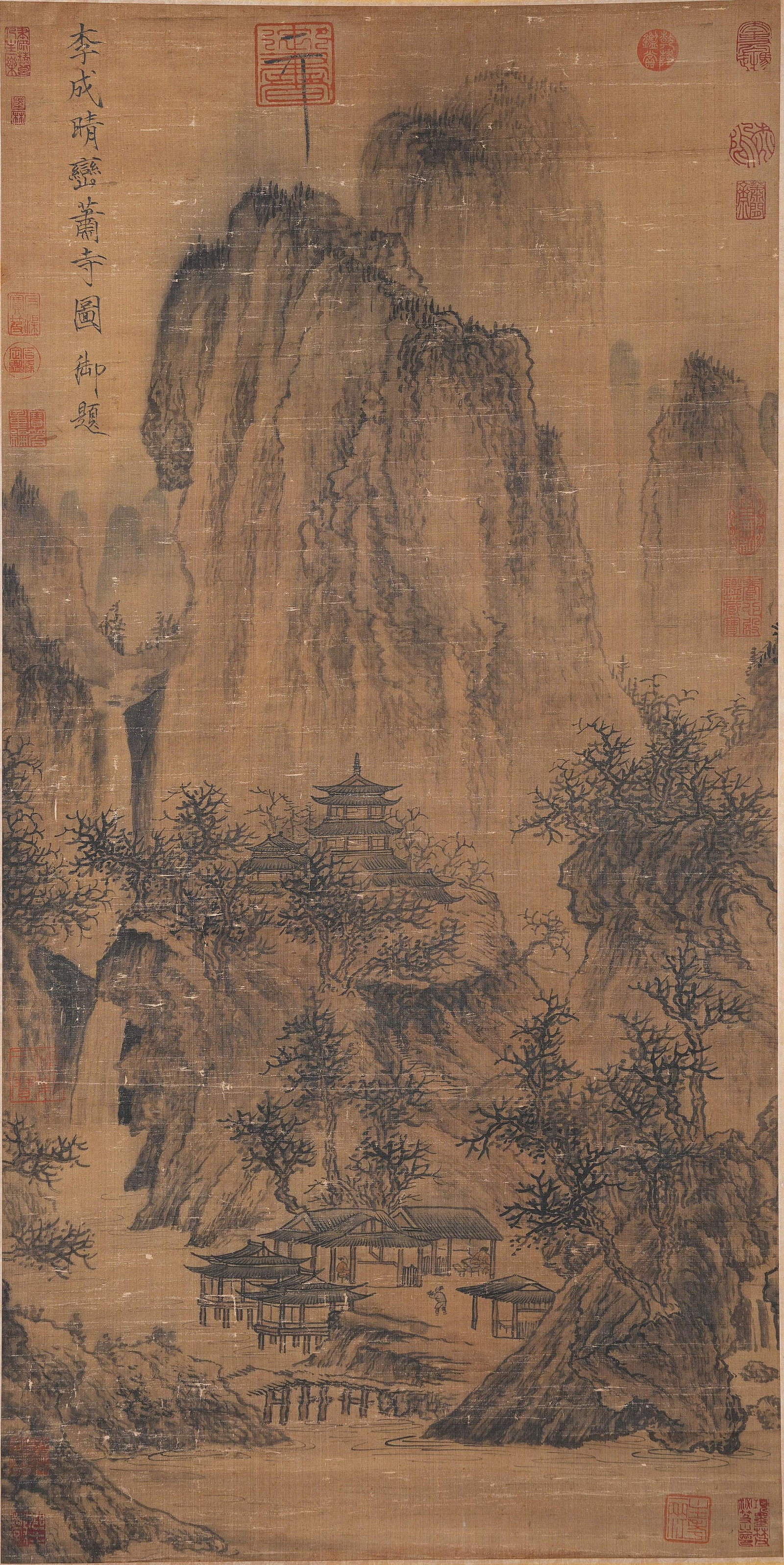 A TEMPLE AMID SUNLIT PEAKS PAINTING ON SILK BY LI CHENG.李成 (1 of 9)