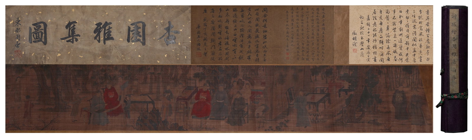 A ELEGANT GATHERING IN APRICOT GARDEN HANDSCROLL PAINTING ON SILK BY XIE HUAN.謝環 (1 of 9)