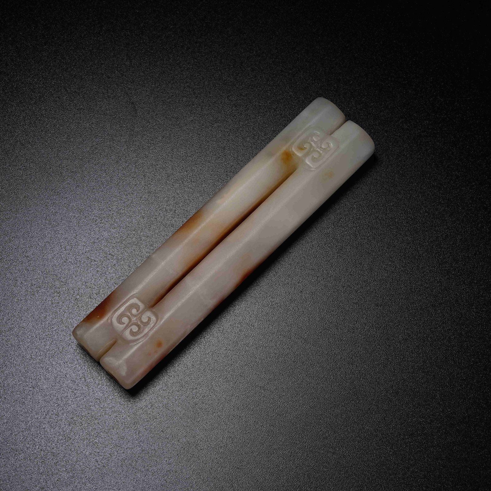 A ARCHAIC JADE DOUBLE LINKED TUBE PENDANT: Archaic Jade Double Linked Tube Pendant