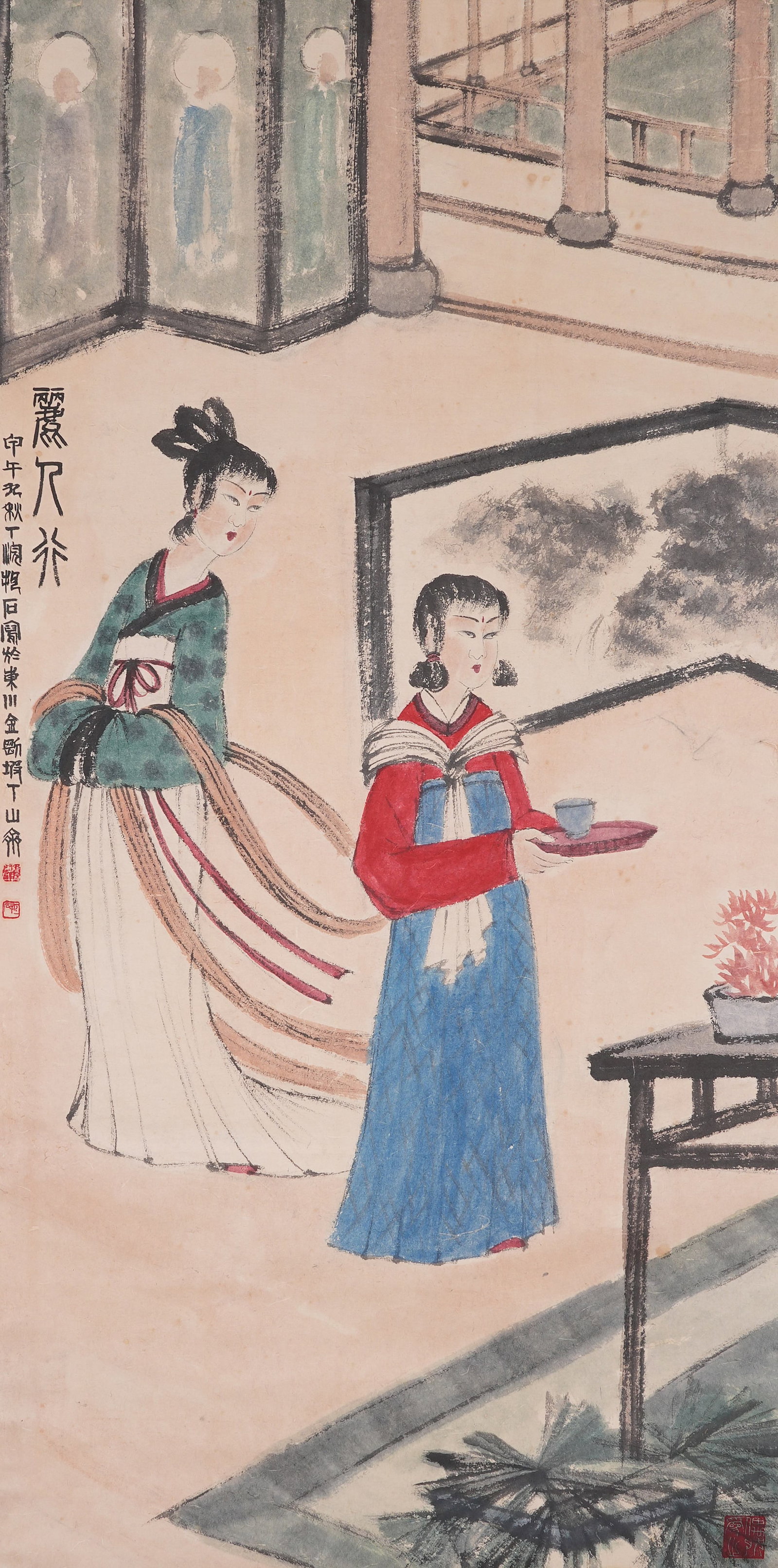 A PAINTING COURT LADY ON PAPER BY FU BAOSHI.傅抱石: Painting Court Lady on paper by Fu Baoshi.傅抱石