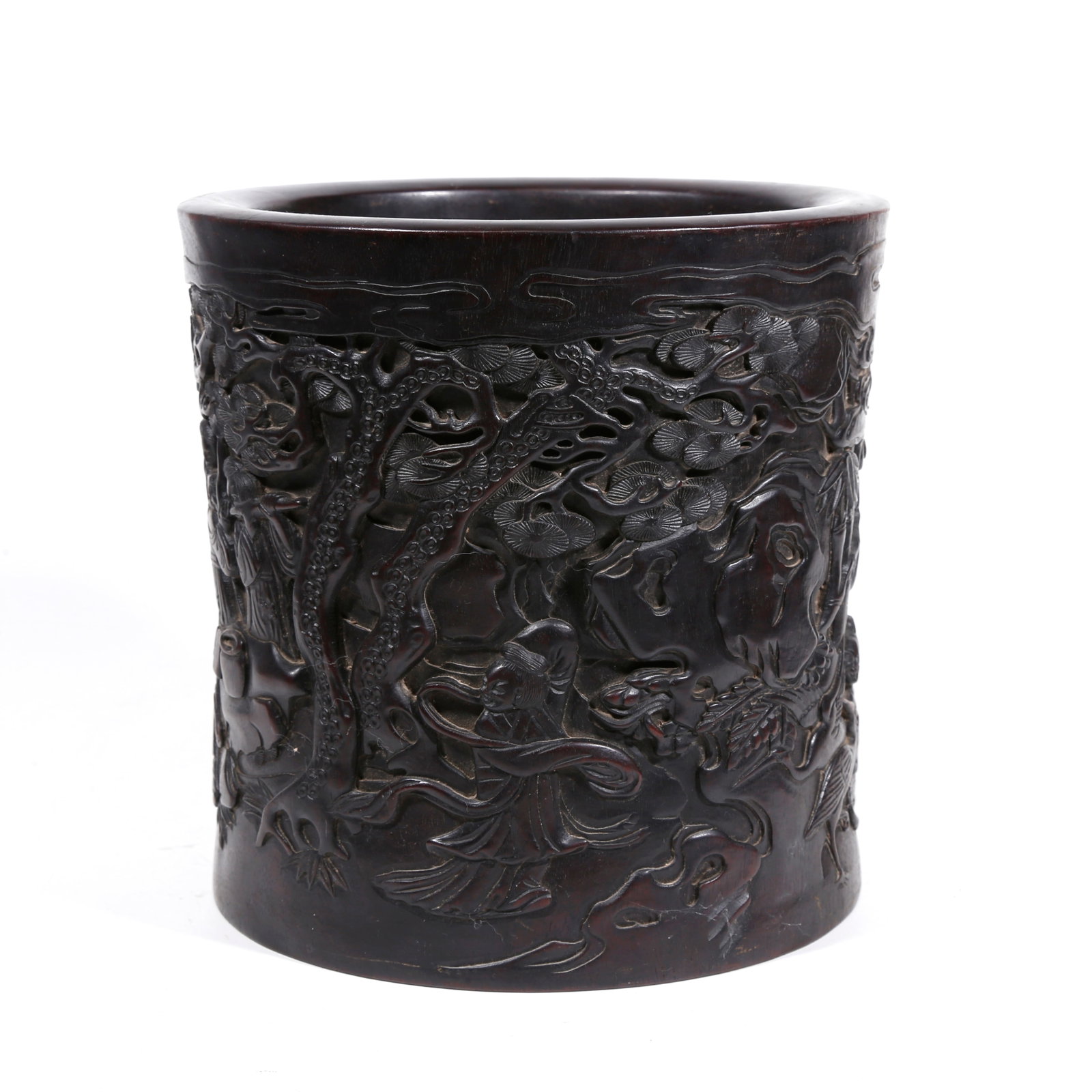 A BRUSH POT CARVED WITH FIGURE-STORY PATTERN IN ZITAN WOOD: Brush pot carved with figure-story pattern in zitan wood