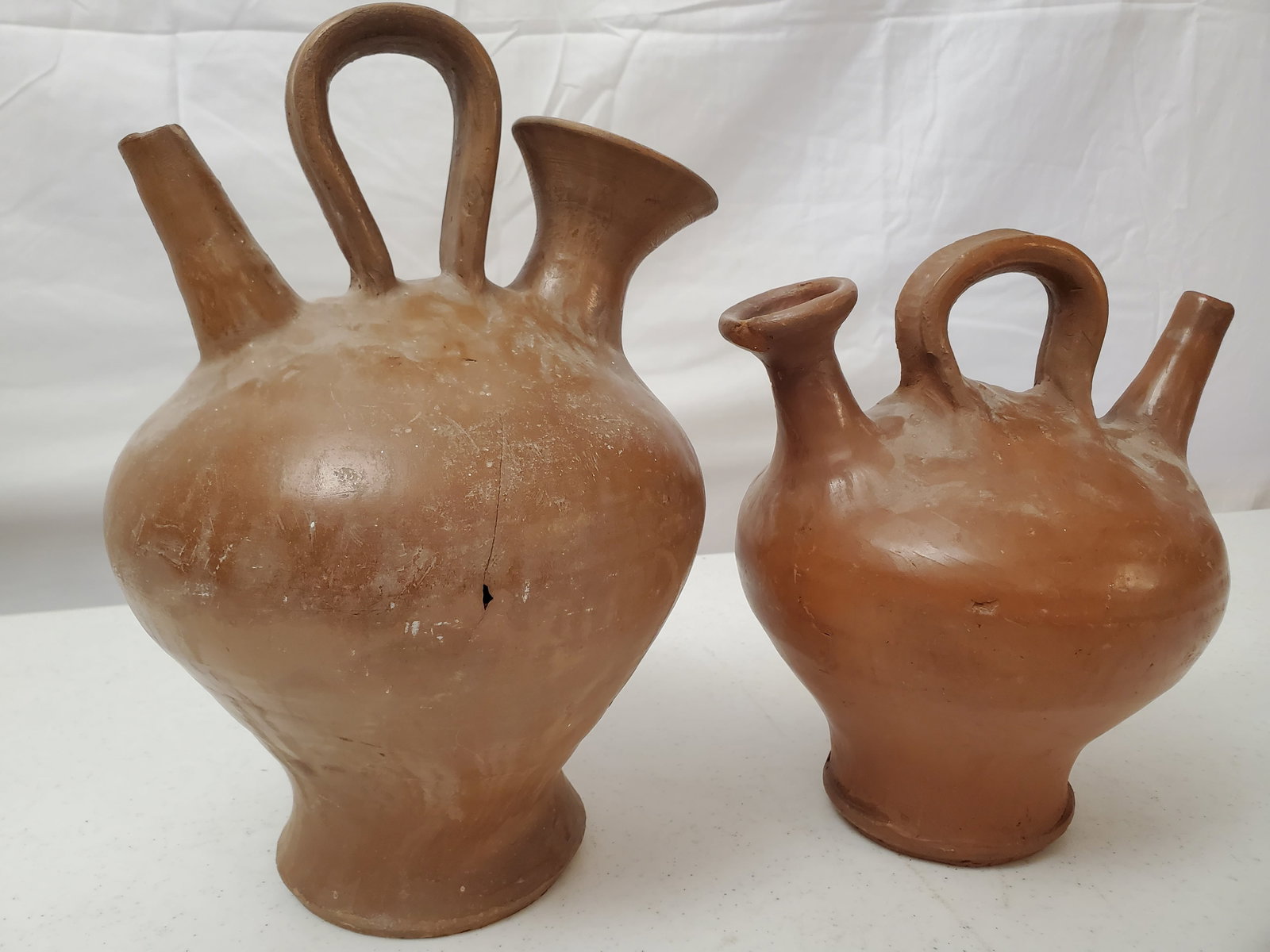 PRIMITIVE TERRA COTTA SHEPHERDS GOURD / WATER VESSELS LOT OF 2 (1 of 9)