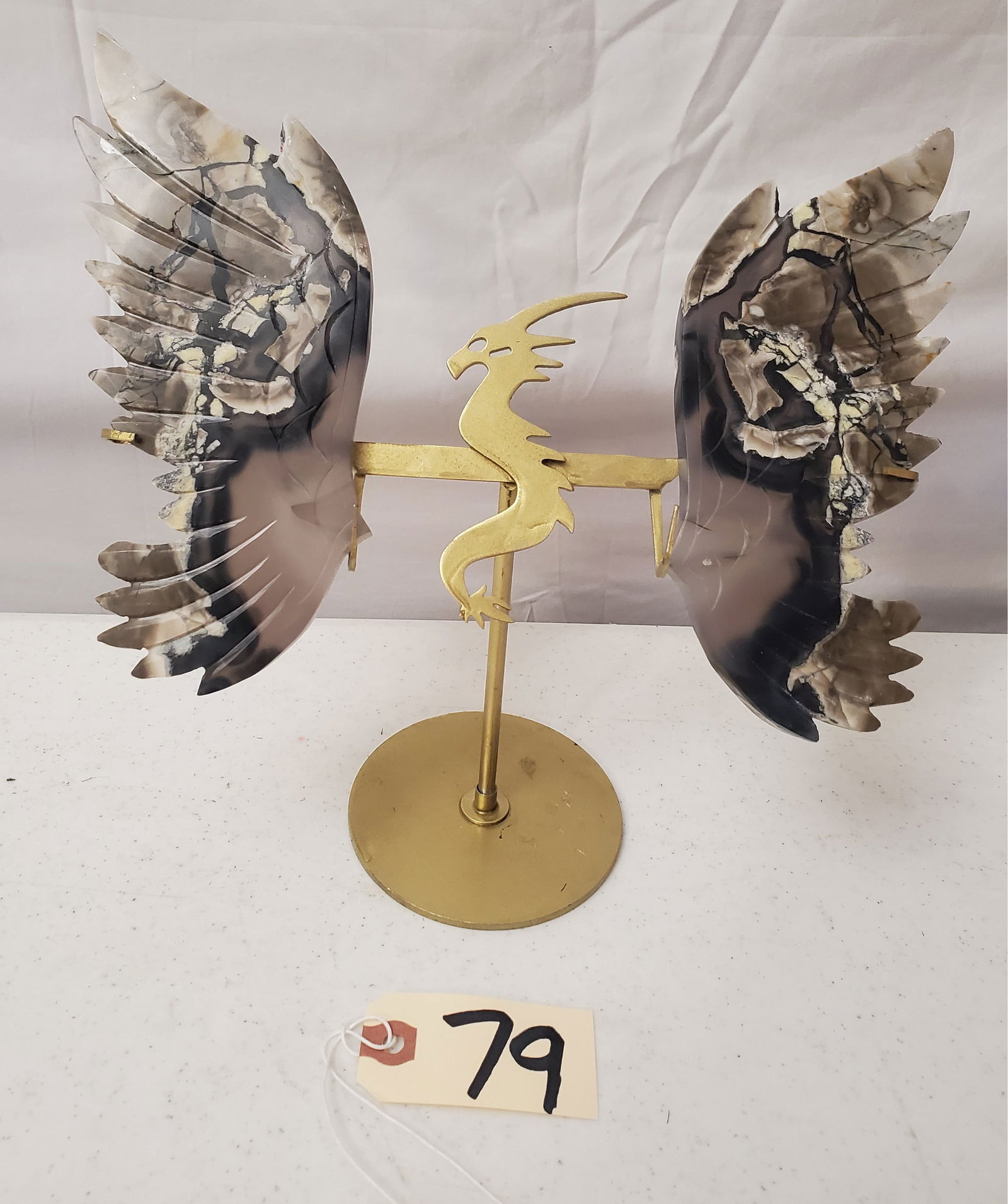 HAND CARVED VOLCANIC POLISHED AGATE STONE WINGS ON CUSTOM MOUNT: EACH WING MEASURES 7.75 X 3.5